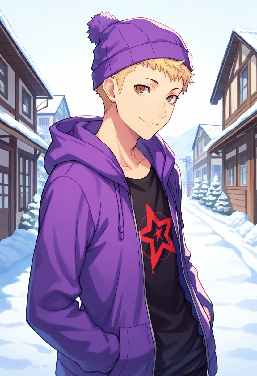 masterpiece, best quality, 
ryuji, 1boy, male focus solo, brown eyes, blonde hair, short hair, hoodie, purple hoodie, hood, open hoodie, open clothes, shirt, black shirt, smile, outdoor, winter, hat, stocking cap
buildings,