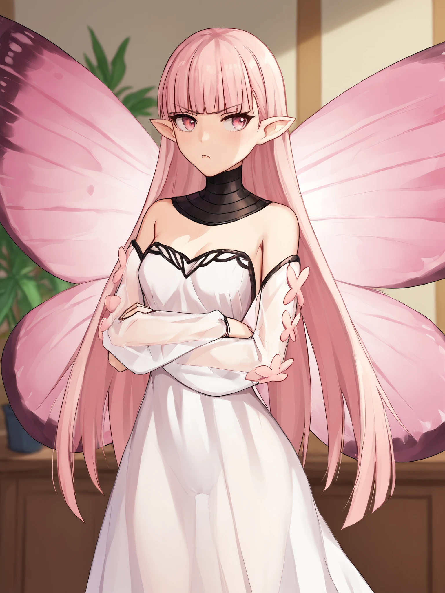 score_9, score_8_up, score_7_up, BREAK,
1girl, solo, BREAK,
coralfategrandorder, fairy, pink eyes, pointy ears, long hair, pink hair, blunt bangs, white dress, detached sleeves, bare shoulders, puffy sleeves, butterfly ornament, see-through sleeves, medium breasts, butterfly wings, fairy wings, insect wings, pink wings,  <lora:Coral:0.7>, BREAK,
small breasts, tsundere, pout, crossed arms, averting eyes, looking to the side, facing viewer, BREAK,
cowboy shot, indoors, office