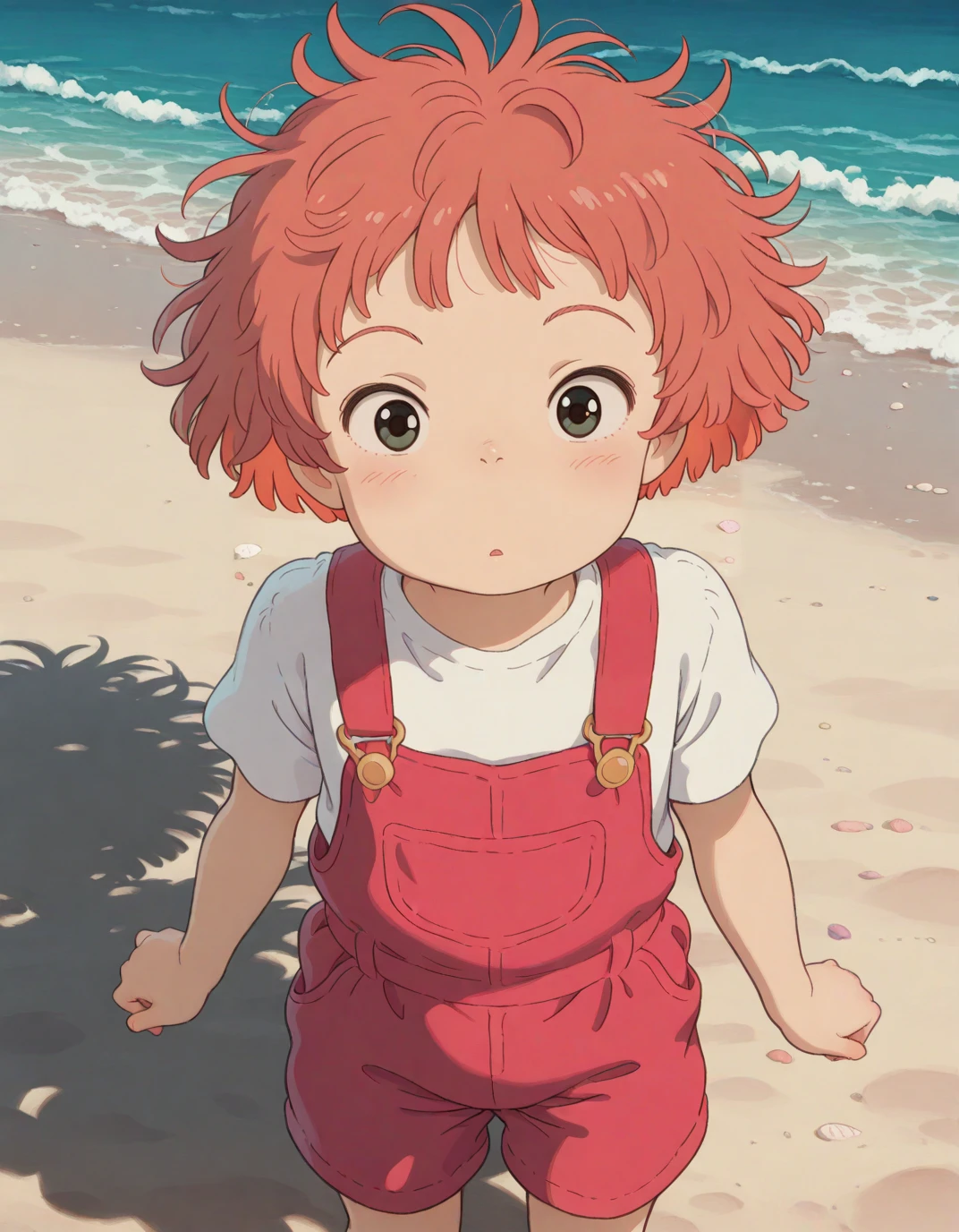 <lora:ai_styles_collection_noob_eps_v1:1>, masterpiece, best quality, absurdres,  <lora:Ponyo:0.8>, ponyo, 1girl, solo, child, short hair, orange hair, messy hair, red overalls, white shirt, looking at viewer, beach, cute