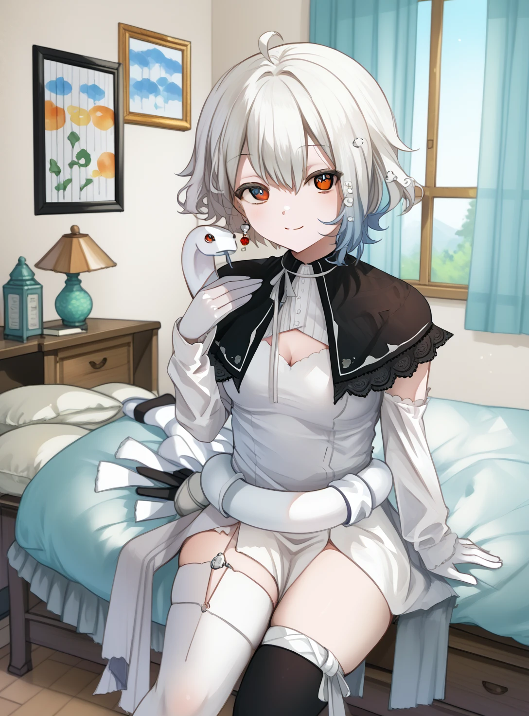 score_9,  solo, 1girl,bright colors,day, 
shirona shizuku,1girl, solo, white dress, black capelet, white snake,asymmetrical gloves,standing, Single earring,asymmetrical thighhighs, hand up, White sleeves,
indoors, looking at viewer,sitting, bedroom,smile, <lora:ç½é£ããã_Shirona_Shizuku__ããªãã«ã_Neo-Porte_Vtuber-000012:1> <lora:Mankai_Kaika_PonyXL_style_v02:1>
