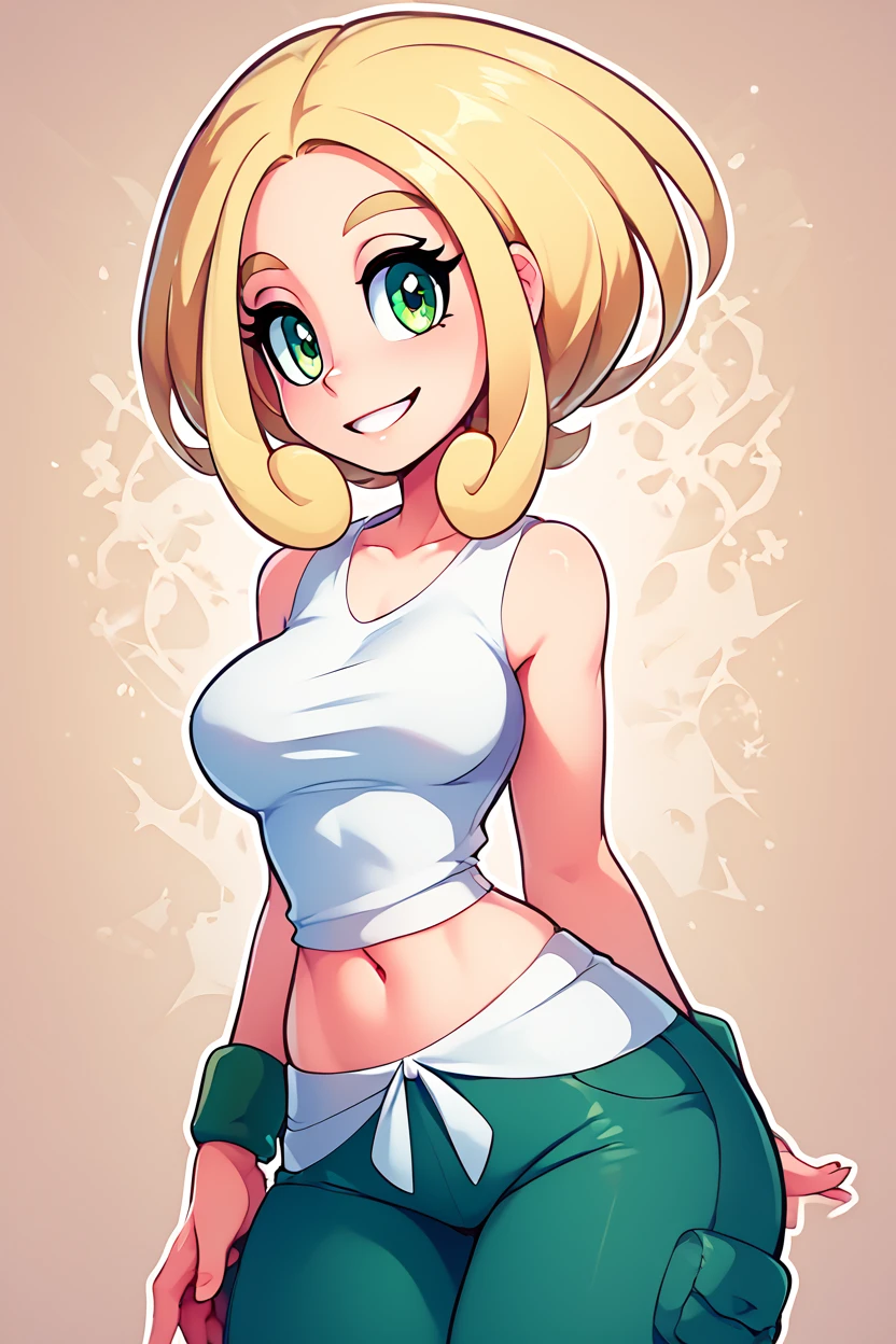 score_9, score_8_up, score_8, medium breasts, (curvy), cute, eyelashes,       ,,, , ,,, zzViola, green eyes, blonde hair, sleeveless shirt, white shirt, wristband, green pants, midriff, <lora:Viola_Pokemon_PDXL:0.8>,      ,,,, BREAK, smile, looking at viewer, ,,, abstract background, white outline, cowboy shot, ,,, embedding:zPDXL, Expressiveh, ,,, <lora:theOtherHalfPDXL:0.8>, <lora:CatalystStylePDXL:0.6>, <lora:SDXLFaeTastic2400:0.5>, <lora:Expressive_H-000001:0.4>,