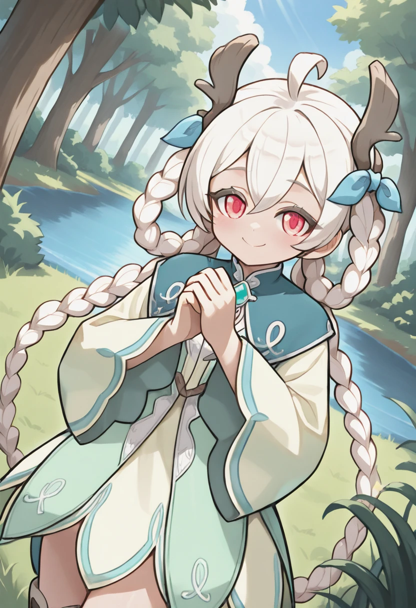 masterpiece,best quality,absurdres,perfect lighting,sky,(lake:0.9),grasslands,forest,
*//*,<lora:Lynn_Illustrious:1>,lynn,long hair,white hair,twin braids,bangs,ahoge,hair berween eyes,red eyes,dress,long sleeves,wide sleeves,boots,antlers,hair rings,smile,
*//*,looking at viewer,cowboy shot,dutch angle,