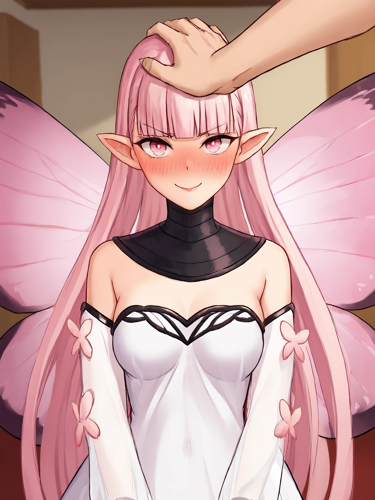 score_9, score_8_up, score_7_up, BREAK,
1girl, solo focus, BREAK,
coralfategrandorder, fairy, pink eyes, pointy ears, long hair, pink hair, blunt bangs, white dress, detached sleeves, bare shoulders, puffy sleeves, butterfly ornament, see-through sleeves, medium breasts, butterfly wings, fairy wings, insect wings, pink wings, <lora:Coral:0.7>, BREAK,
portrait, full-face blush, embarrassed, tsundere, smile, BREAK,
looking at viewer, facing viewer, straight-on, BREAK,
1boy, clothed female nude male, pov hands, headpat, <lora:Headpat_XLPD:1>, BREAK,
from above, indoors, office