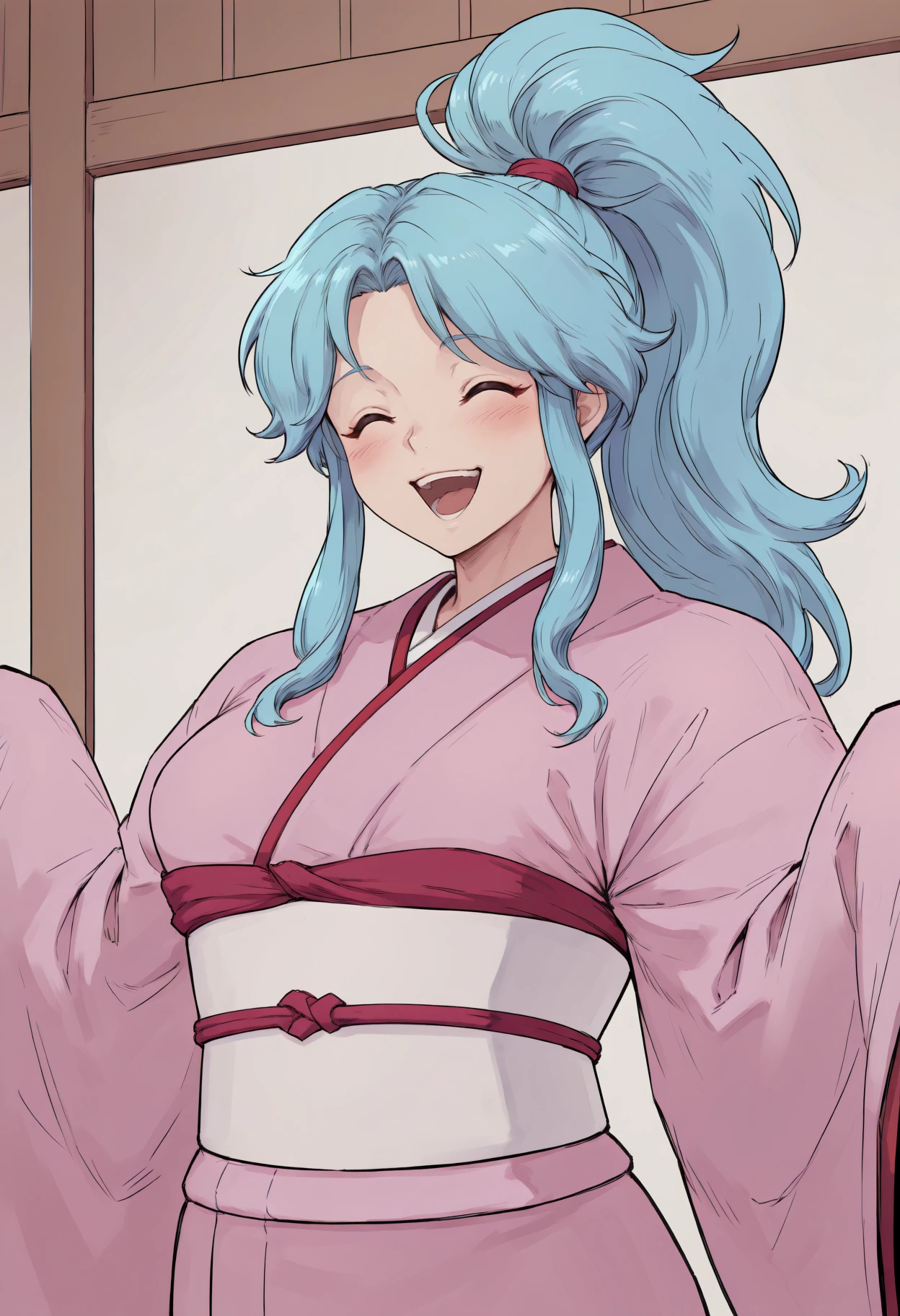 masterpiece, best quality, toned,
yybtn, 1girl, long hair, high ponytail, sidelocks, blue hair, purple eyes, 
japanese clothes, pink kimono, wide sleeves, white obi, sleeves past fingers, red trim,
closed eyes, smile, open mouth,upper body, blush, teeth, ^ ^,  happy, :d, 
indoors, 
<lora:yybtn_idxl_EliPot:1>