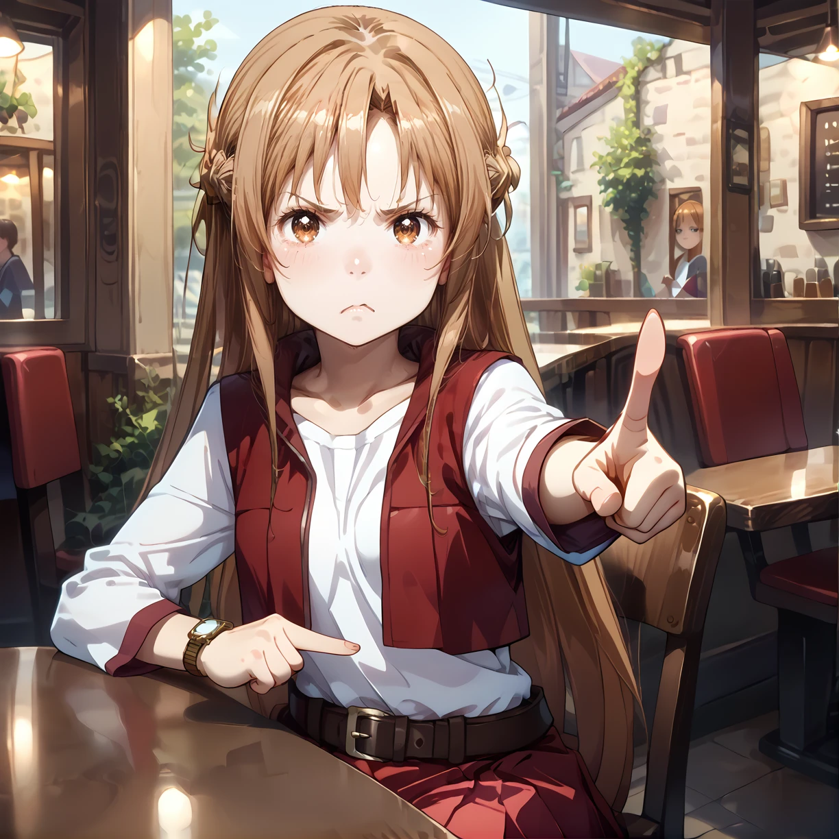 score_9, score_8_up, score_7_up,source_anime, 1girl, (pointing at viewer:2.2),  <lora:Something is always too late:0.7> wfpdw, restaurant, sitting, on chair, at table, wristwatch, waiting, annoyed, cowboy shot, (disgust:1.1), looking at viewer,  <lora:Asuna_Sword_art_online_progressive_Aria:0.7> asopavp, asuna \(sao\), brown hair, long hair, half up braid, brown eyes, white shirt, long sleeves, cropped vest, red open vest, untucked shirt, brown belt, red pleated skirt, black pantyhose, red boots <lora:Between pencils and semi-realism:1.1> stbedap