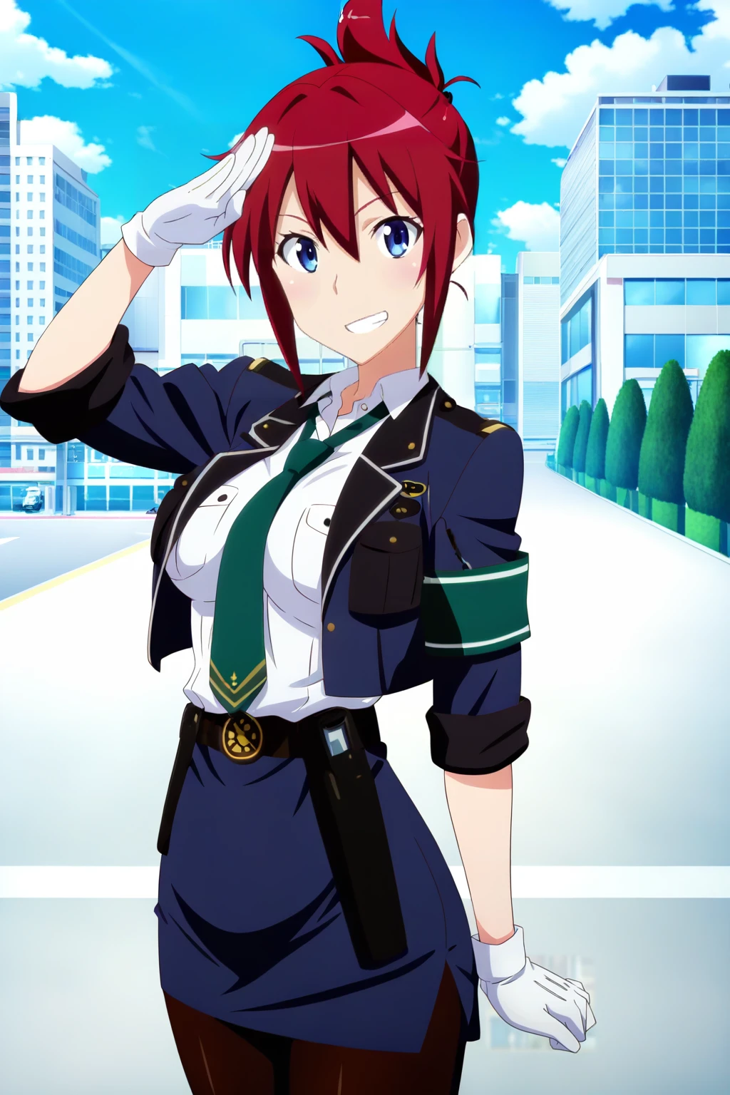 anime screenshot, rail wars!, sakurai aoi, 1girl, solo, red hair, folded ponytail, blue eyes, medium breasts, police uniform, blue jacket, open jacket, white shirt, collared shirt, sleeves rolled up, green necktie, armband, green armband, blue skirt, pencil skirt, black belt, white gloves, holster, black pantyhose, looking at viewer, salute, teeth, smile, cowboy shot, outdoors, city, road, blue sky, day, masterpiece, best quality, high quality, highres, absurdres, <lora:sakurai_aoi_ILXL:0.9>