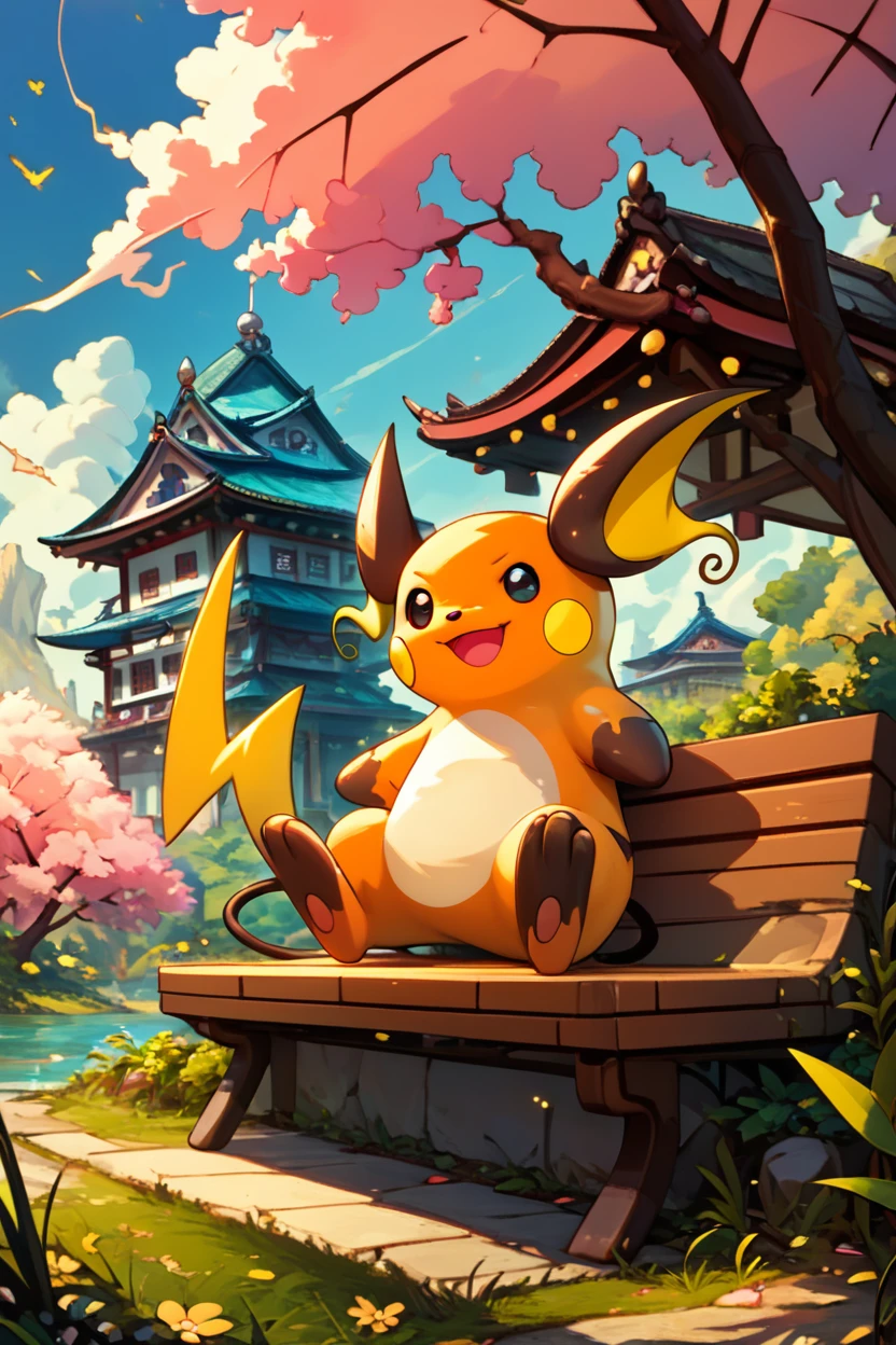 score_9, score_8_up, score_8,  ,,, , ,,, zzRaichu, raichu (pokemon), looking at viewer, smile, open mouth, standing, full body, :d, outdoors, black eyes, grass, electricity,  ,<lora:RaichuPokedexPDXL:1.0>,  ,,,, BREAK, sitting on bench, side view, smile, looking at viewer, cowboy shot,  ,,, BREAK, pnkBldng, sky, day, cloud, tree, blue sky, building, architecture, east asian architecture,  ,,, BREAK, embedding:zPDXL, Expressiveh,  ,,, <lora:PinkBuildingsPDXL_v2:0.6>, <lora:SDXLFaeTastic2400:0.5>, <lora:Expressive_H-000001:0.4>