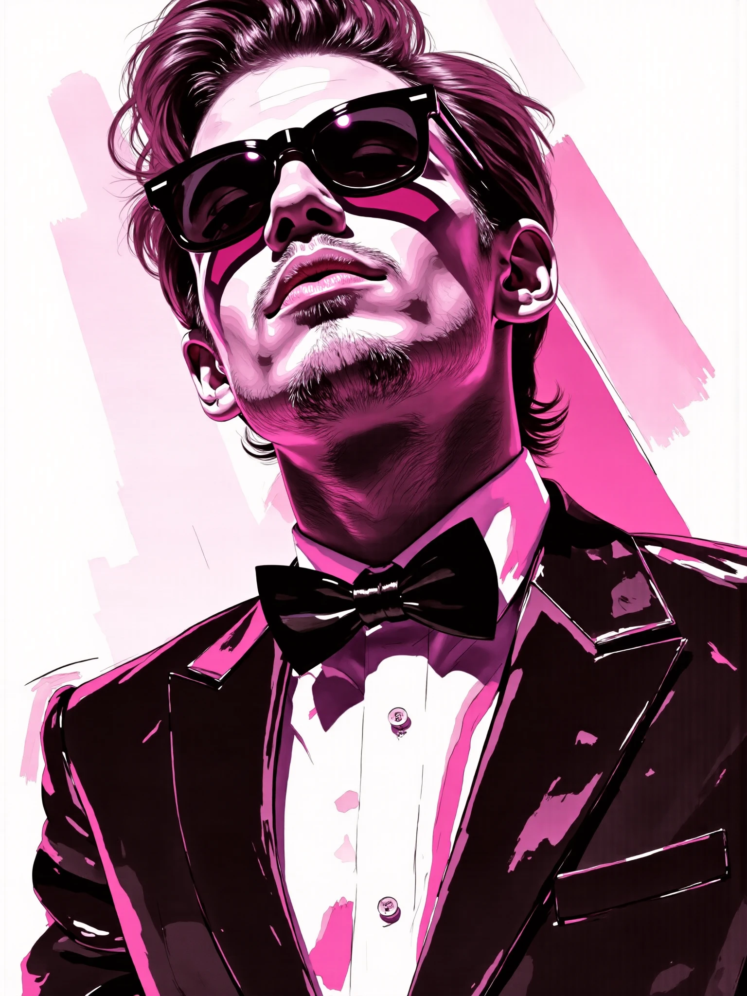 mad-mdrnmnmlsm painting of man wearing magenta bowtie and shirt and magenta suit <lora:modern-minimalism-flux:1.2> brush_stroke