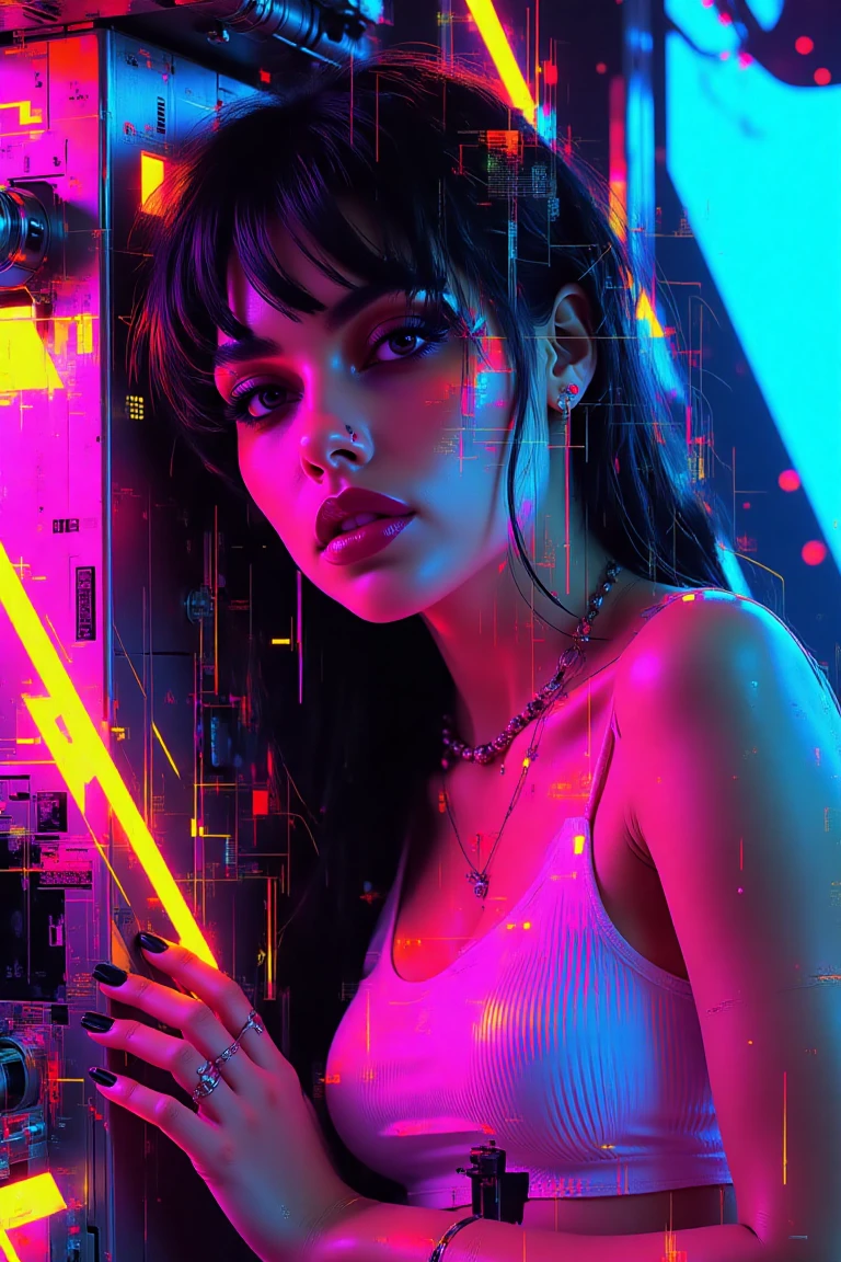 A retro-futuristic pinup girl, reminiscent of Loish's style, leans back against a sleek space ship interior, surrounded by neon-lit controls and metallic accents. Her cute face beams with confidence, anatomically correct features on full display. A hint of cybernetic enhancements, 0.3 cyborg elements woven seamlessly into her design. The 1970s color palette shines bright, with warm oranges, yellows, and pinks contrasting against the cool blues and purples of the spaceship's interior. Her pose exudes sass and sophistication, set amidst a backdrop of retro-futuristic chic.,cbr-styl