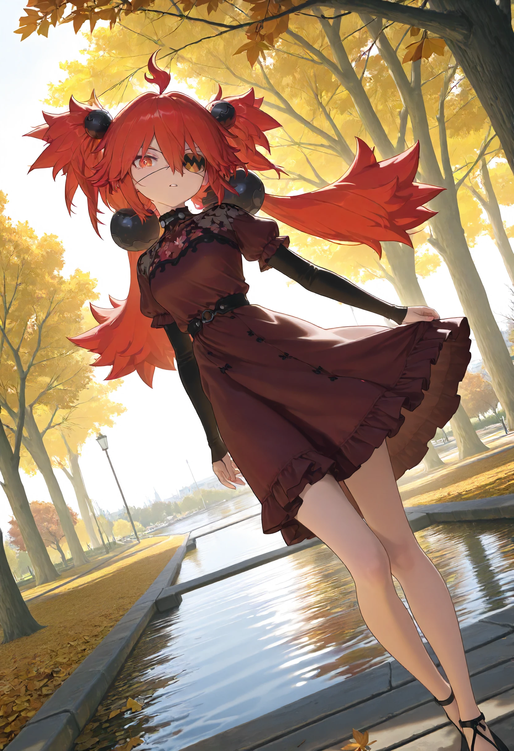 masterpiece, best quality, amazing quality, very aesthetic, absurdres, newest, scenery, volumetric lighting, perfect eyes, ultra detailed,
1girl, Koleda Belobog, solo, red hair, messy hair, red eye, twintails, ahoge, eyepatch,
maroon dress, beautiful dress, frills, autumn leaves dress design,
looking at viewer, parted lips, dynamic pose, dutch angle, beautiful photo,
park, trees, river, walkway, detailed background,  backlighting,
<lora:Koleda_Belobog_-_Zenless_Zone_Zero_ZZZ__Illustrious:0.8>
masterpiece, best quality, amazing quality, very aesthetic, absurdres, newest, scenery, volumetric lighting, perfect eyes, ultra detailed,