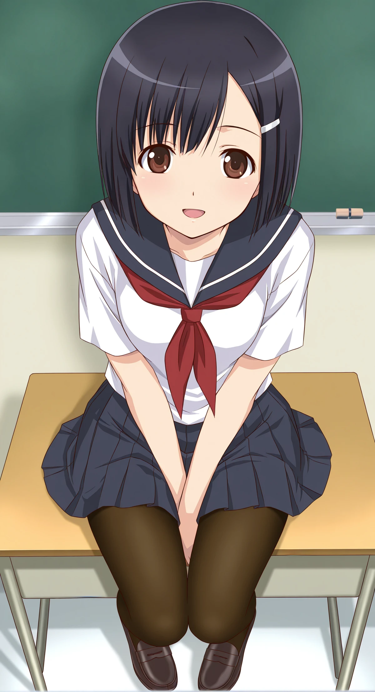 (cute face,beautiful face,detailed face,perfect face),(ultra detailed,highly detailed,best quality,masterpiece),aged down,
1girl,solo,medium breasts,open mouth,looking at viewer,facing_viewer,light smile,
tomoe,black hair,brown eyes,hairclip,school uniform,serafuku,white shirt,neckerchief,short sleeves,pleated skirt,miniskirt,pantyhose,loafers,
<lora:natsumushi-tomoe-illu:0.9>,sitting,
blurry,blurry foreground,