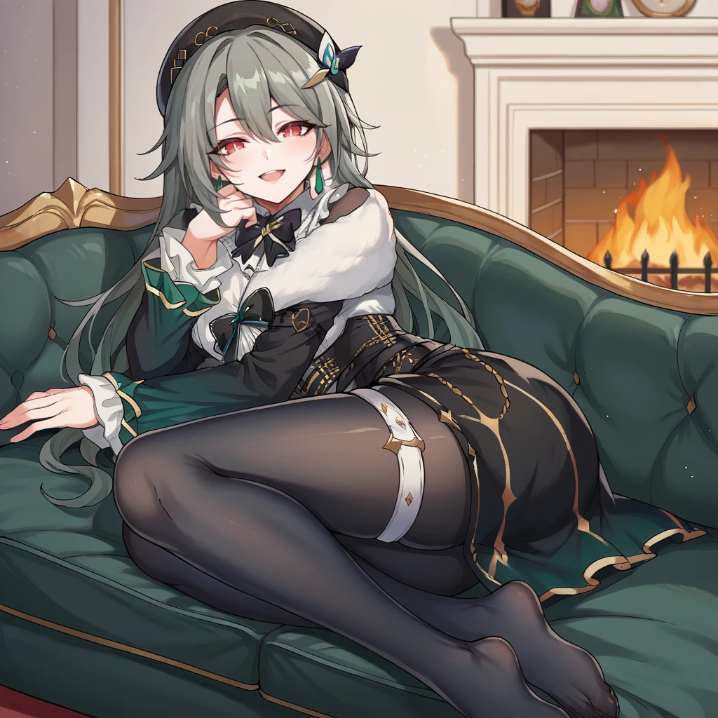 score_9_up, score_8_up, score_7_up, source_anime, 1girl, solo, fireplace, cozy, indoors, lying sideways on couch, white couch, foot up, head rest, looking at you, half-opened eyes, naughty smile, open mouth, from side, Vita, Vi_Xm, long hair, green hair, grey hair, red eyes, black headwear, beret, braid, hair ribbon, alt earrings, jewelry, black bow, big bow, black bowtie, black corset, gold trim, gradient skirt, black skirt, green skirt, layered skirt, frilled skirt, side slit, black belt, buckle, black pantyhose, alt pantyhose, white thigh strap, fur capelet, frilled shirt, white shirt, gradient sleeves, alternate long sleeves, alternative black sleeves, star (symbol), green sleeves, frilled sleeves, alternate black gloves, mature body, dynamic cowboy shot, 