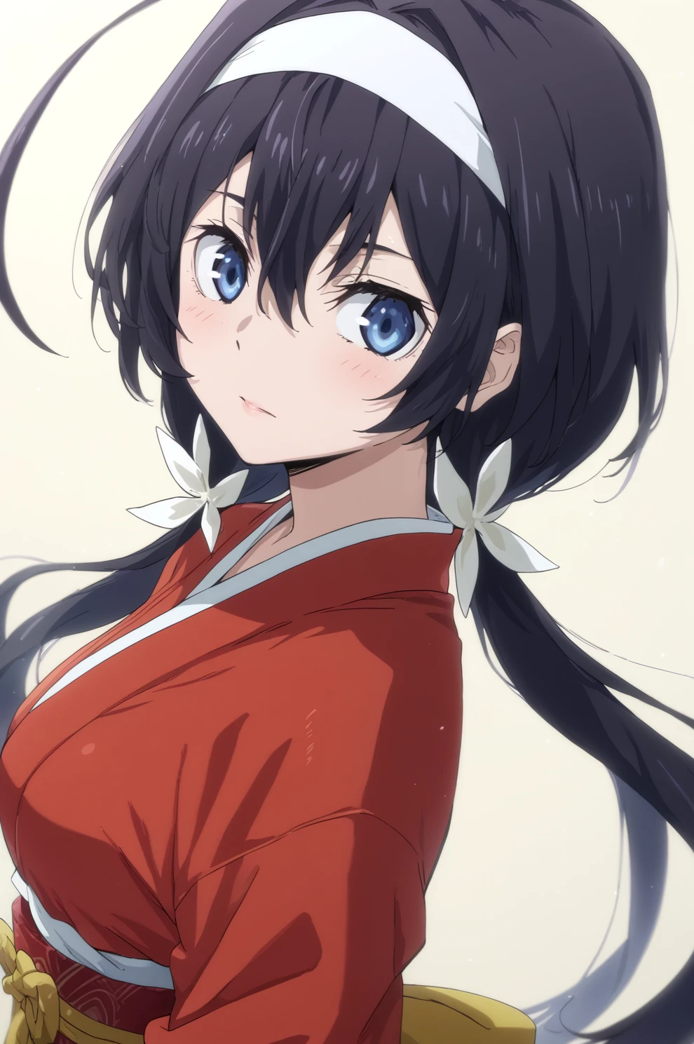 score_9, score_8_up, score_7_up, source_anime, perfect lines, 1girl, izumi kyouka, black hair, blue eyes, low twintails, red kimono <lora:bungosd:1>