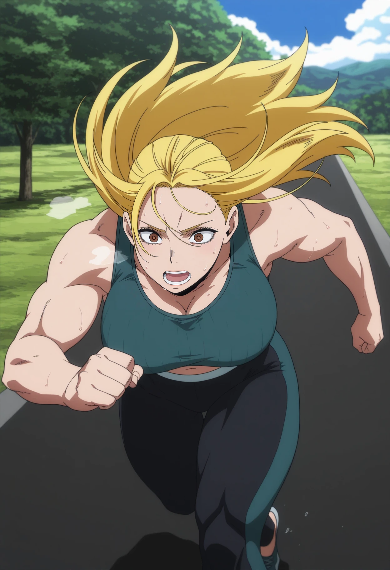 1girl,solo,mm,mature female,blonde hair,long hair,brown eyes,muscular female,large breasts,anime coloring,
sports bra, yoga pants, sweat,running, outdoors,heavy breathing, 
,masterpiece,best quality,amazing quality,<lora:Star_and_Stripe-My_Hero_Academia:0.8>