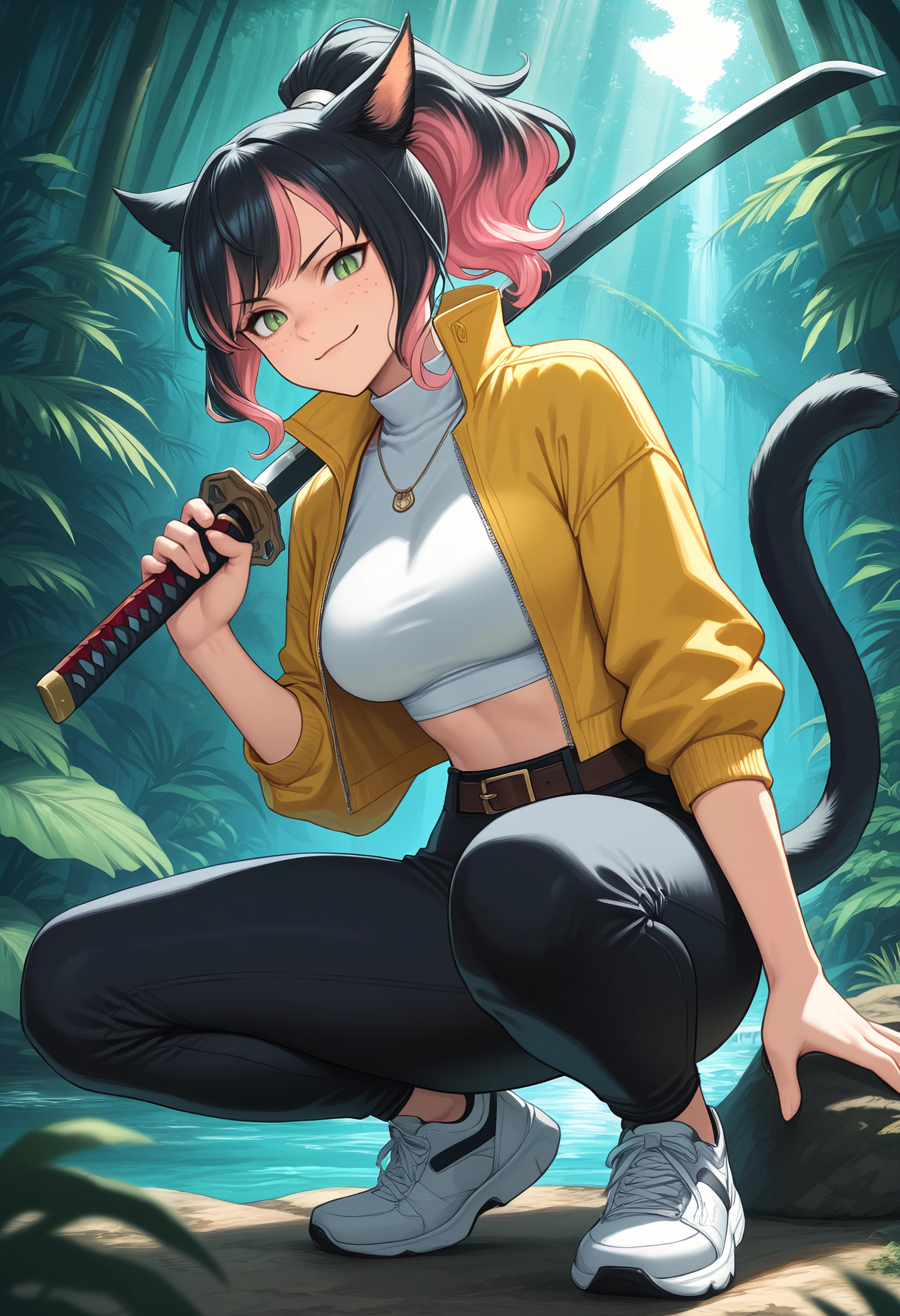 masterpiece, best quality, solo, 1girl, <lora:clamchan_illu:1> animal ears, black hair, pink hair, multicolored hair, ponytail, green eyes, slit pupils, freckles, cat tail, necklace, white crop top, midriff, yellow jacket, high collar, belt, high waist pants, sneakers, holding katana, crouching, smirk, katana over shoulder, looking at viewer, blue sky, rainforest, water, sun rays, from side