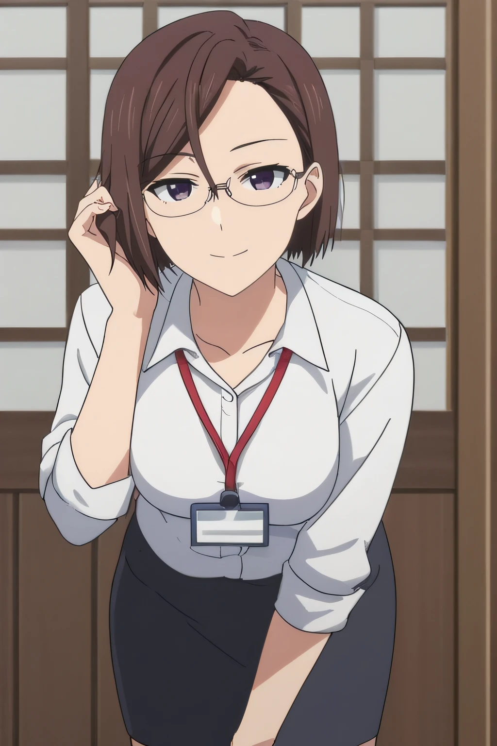 score_9, score_8_up, score_7_up, source_anime, rating_safe, intricate details, anime screencap, official style, 1girl, solo,  <lora:Haruko_Sakurai:1>, harukosakurai, short hair, brown hair, forehead, expressionless, glasses, dark purple eyes, medium breasts, looking at viewer, office lady, white shirt, rolled-up sleeves, lanyard, pencil skirt, black skirt, smile, office, looking at viewer, cowboy shot, hand on hair, bent over