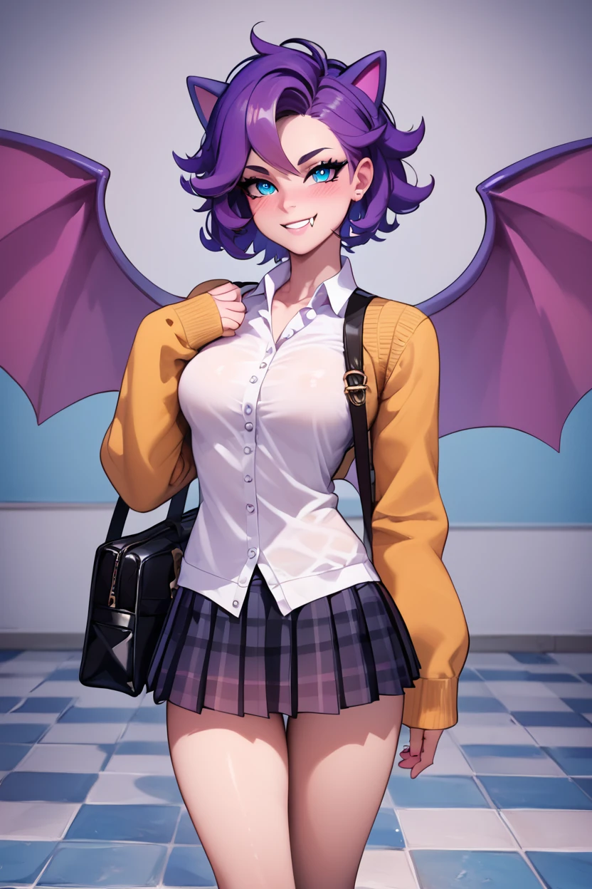 score_9, score_8_up, score_8,  ,,, , ,,, zzGolbat, no humans, fangs, wings, <lora:GolbatPokedexPDXL:1.0>,     ,,,, BREAK, closed mouth, alternate costume, smile, looking at viewer, collared shirt, blush, sweater, black skirt, eyelashes, long sleeves, sleeves past wrists, plaid skirt, shoulder bag, black bag, blurry, tile floor, pleated skirt, white shirt, cowboy shot, ,,, embedding:zPDXL, Expressiveh, ,,, <lora:Vivid:0.7>, <lora:Uncensored_PonyXL_cpt_v02.09:0.4>, <lora:Expressive_H-000001:0.4>,