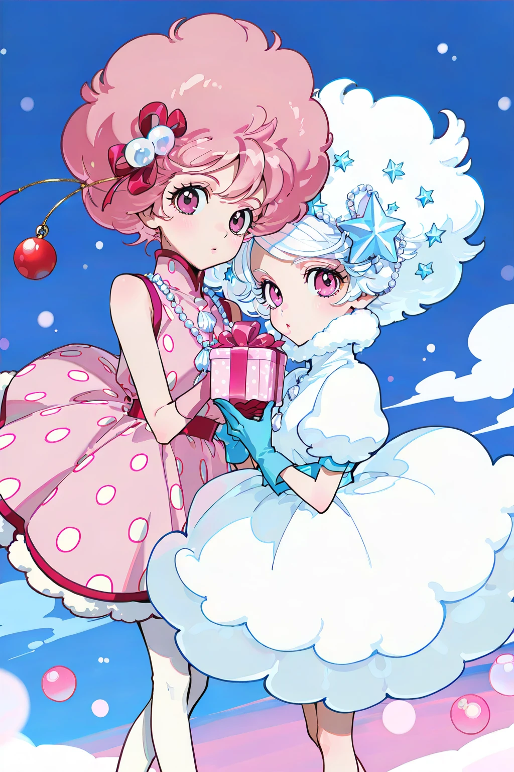 masterpiece, best quality, 8k resolution, very aesthetic, depth of field, bokeh, dynamic scene, sugar_rune, cloud hair, cloud dress, pink hair, fluffy, gift, pearl (gemstone), polka dot, clutter, bubble, star (sumbol), pink theme, snow, 2girls, gloves, afro, looking at viewer, hair ornament, pink eyes, christmas ornaments, simple background, white hair, volumetric lighting, thick lineart, smooth lineart