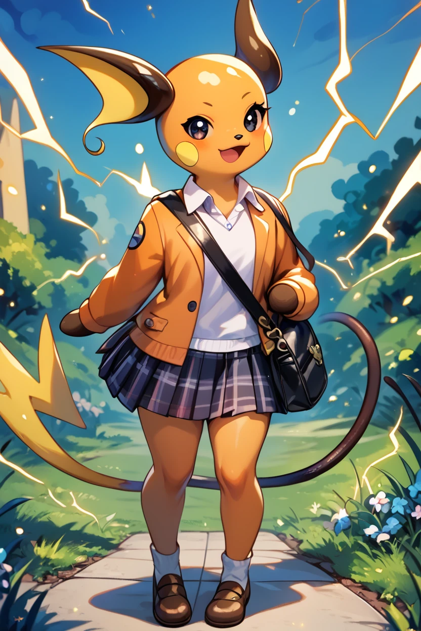 score_9, score_8_up, score_8,  ,,, , ,,, zzRaichu, looking at viewer, smile, open mouth, standing, full body, :d, outdoors, black eyes, grass, electricity,  ,<lora:RaichuPokedexPDXL:1.0>,  ,,,, BREAK, closed mouth, alternate costume, smile, looking at viewer, collared shirt, blush, sweater, black skirt, eyelashes, long sleeves, sleeves past wrists, plaid skirt, shoulder bag, black bag, blurry, tile floor, pleated skirt, white shirt, cowboy shot, ,,, embedding:zPDXL, Expressiveh, ,,, <lora:Vivid:0.7>, <lora:Uncensored_PonyXL_cpt_v02.09:0.4>, <lora:Expressive_H-000001:0.4>,