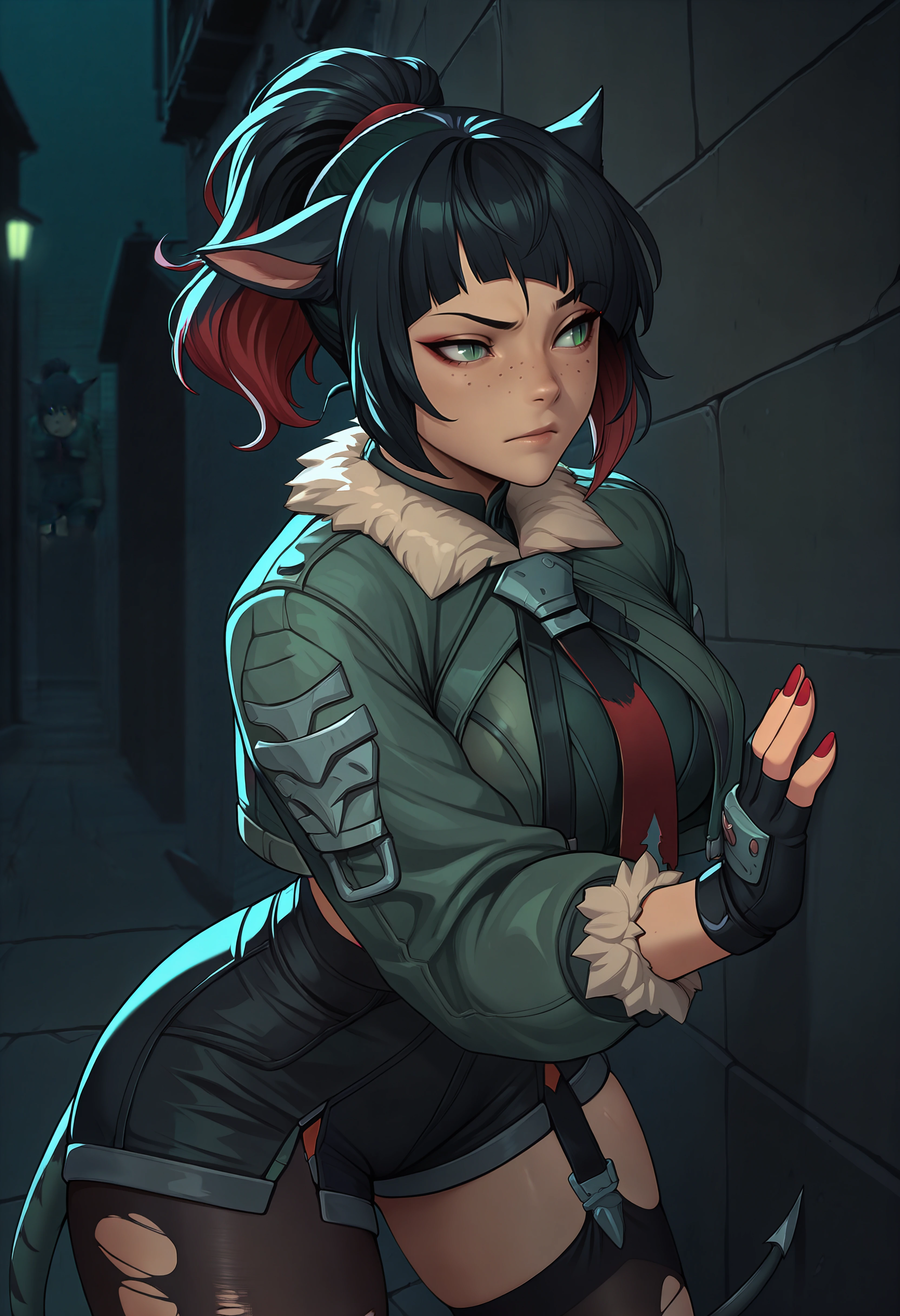 masterpiece, best quality, solo, 1girl, <lora:clamchan_illu:1> animal ears, black hair, red hair, multicolored hair, ponytail, green eyes, slit pupils, freckles, tail, <lora:zzz_janedoe_illustriousXL:0.8> torn clothes, fur trim, green jacket, fur-trimmed jacket, cropped jacket, necktie, long sleeves, fur-trimmed sleeves, black gloves, fingerless gloves, black shorts, short shorts, black pantyhose, single leg pantyhose, torn pantyhose, black thighhighs, single thighhigh, torn thighhighs, garter straps, red nails, raised eyebrow, leaning, against wall, sneaking, outdoors, dark, night, alleyway