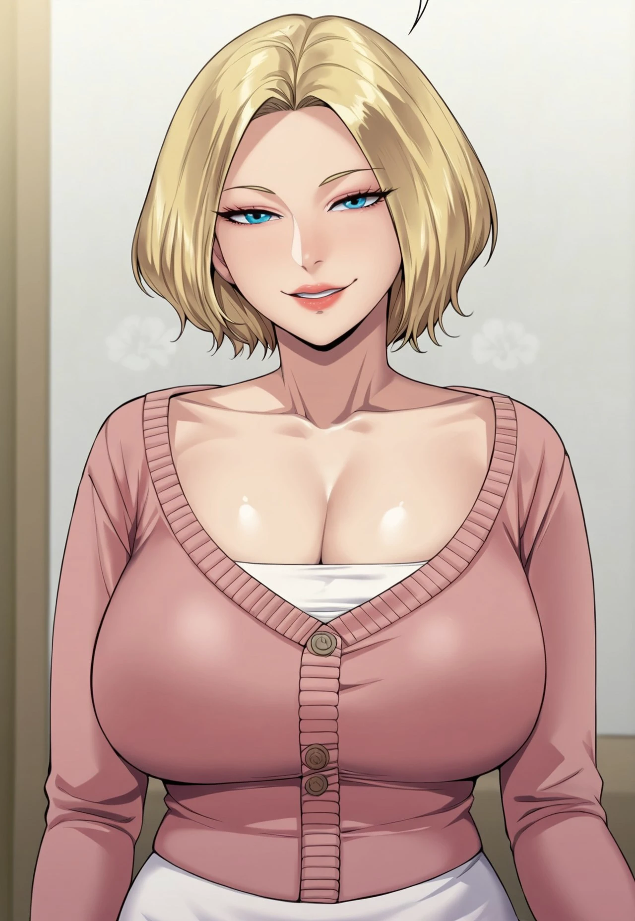 1boy,1girl, hetero, ((breast grab, pov hands)), indoors,nude, short blonde hair, milf, mature woman, red lips, smile, tease, naughty faces, naughty smile