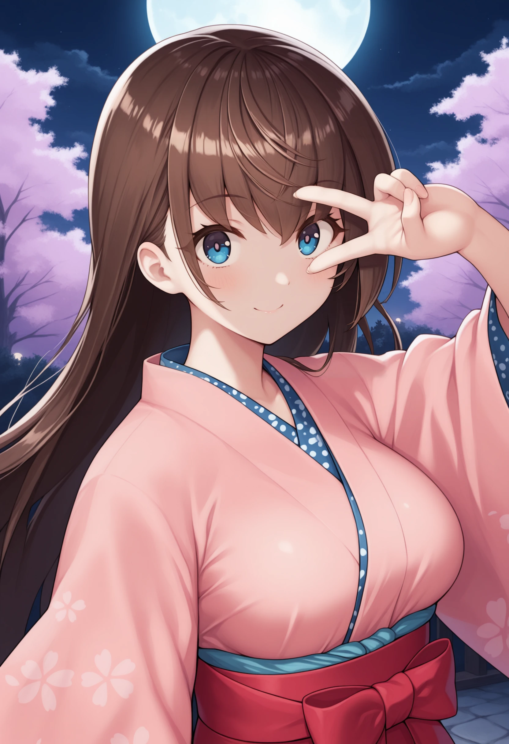 masterpiece, best quality, solo, 1girl, smile, looking at viewer,  <lora:Mio-illus:1>, mio, brown hair, blue eyes, long hair, kimono, night, moon, v over eye,