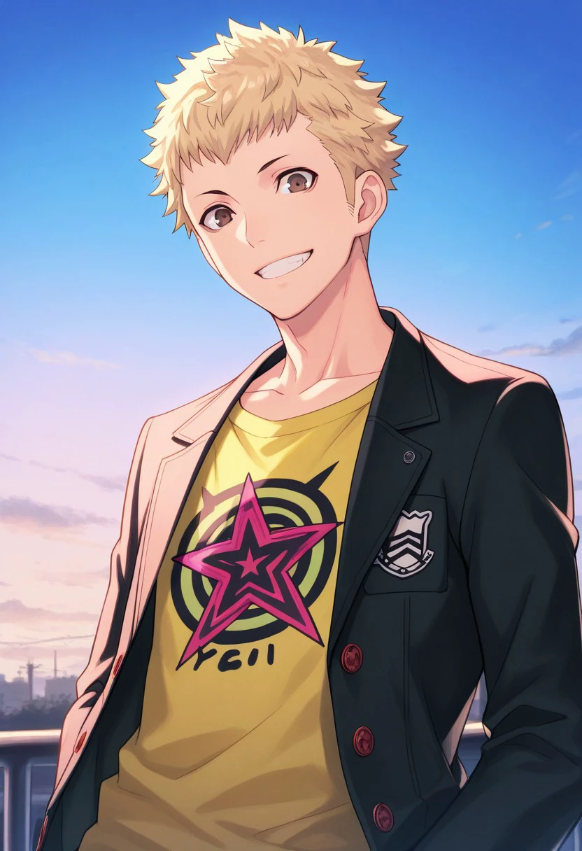 masterpiece, best quality, 
ryuji, 1boy, male focus solo, brown eyes, blonde hair, short hair, school uniform, shirt, yellow shirt, print shirt, jacket, black jacket, long sleeves, open jacket, open clothes, smile outdoor, sky, grin