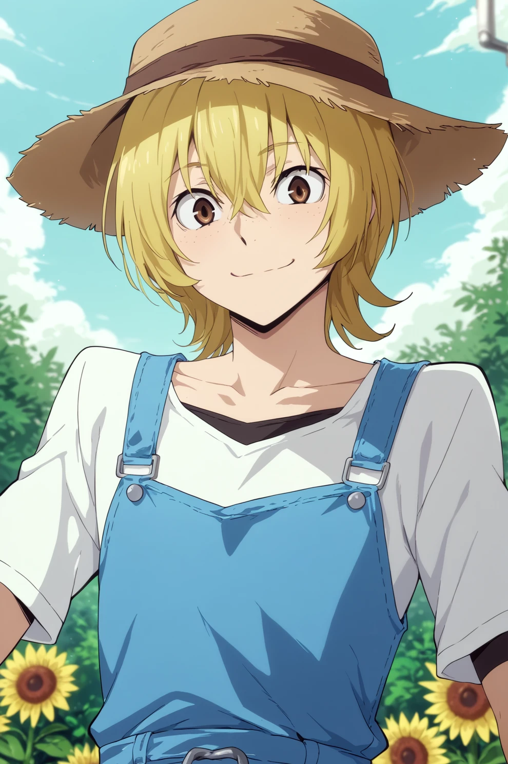 score_9, score_8_up, score_7_up, source_anime, perfect lines,  1boy, male focus, miyazawa kenji, blonde hair, blonde hair, freckles, brown eyes, overalls, smile, sunflower, upper body, straw hat <lora:bungosd:1>