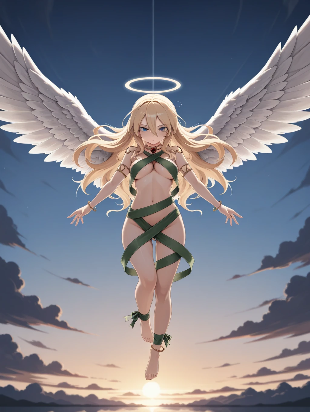 1girl, solo, Micaela, blonde hair, long hair, blue eyes, wings, angel wings, feathered wings, angel, angel, jewelry, underboob, bikini, star symbol, halo, naked ribbon, ribbon,

heaven, clouds, flying, dynamic pose, 

masterpiece, best quality,amazing quality, very aesthetic, absurdres, depth of field, blurry background, dark, extremely detailed face, detailed eyes, dark colors, (dynamic pose)