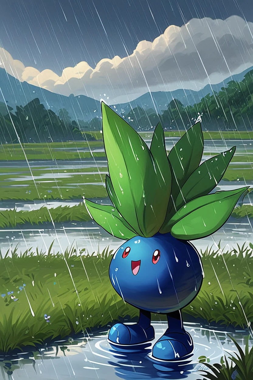 score_9, score_8_up, score_8,   ,,, , ,,,  zzOddish, red eyes, standing, full body, outdoors, sky, day, cloud, signature, water, cloudy sky, grass, looking up, rain, ripples, puddle,  ,<lora:OddishPokedexPDXL:1.0>,     ,,,, BREAK, smile, looking at viewer, cowboy shot, ,,, embedding:zPDXL, <lora:theButcherXPDXL:0.8>,