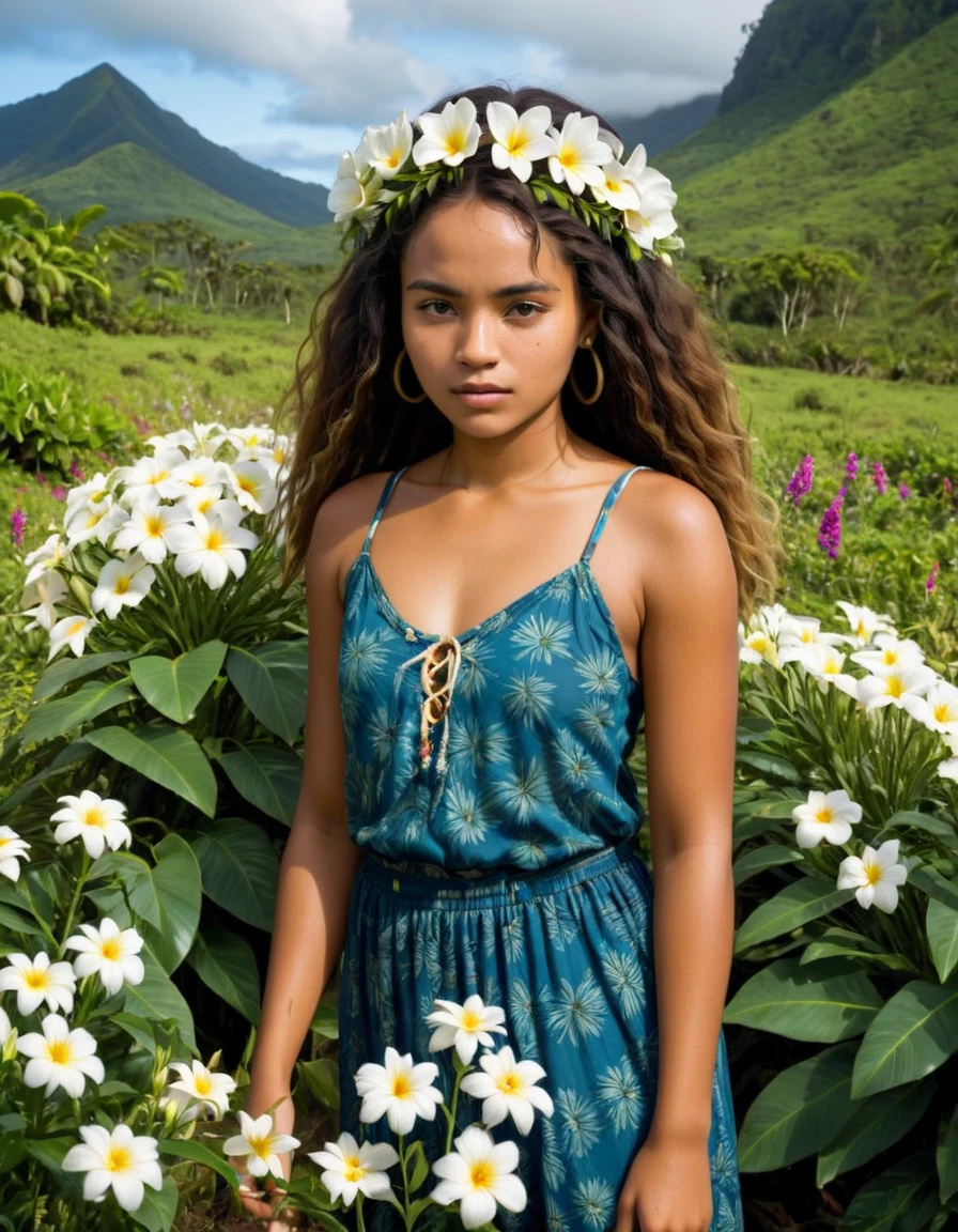 full body long shot: a Solomon Islander young woman (plods:1.2) through the flowers with a (polite:1.2) expression, 35mm lens, natural lighting, clearly defined facial features, sharp background, deep depth of field, (rim lighting:1.4), full body long shot: a Solomon Islander young woman (plods:1.2) through the flowers with a (polite:1.2) expression, 35mm lens, natural lighting, clearly defined facial features, sharp background, deep depth of field, (rim lighting:1.4), highly detailed, excellent composition, cinematic atmosphere, dynamic dramatic colorful light