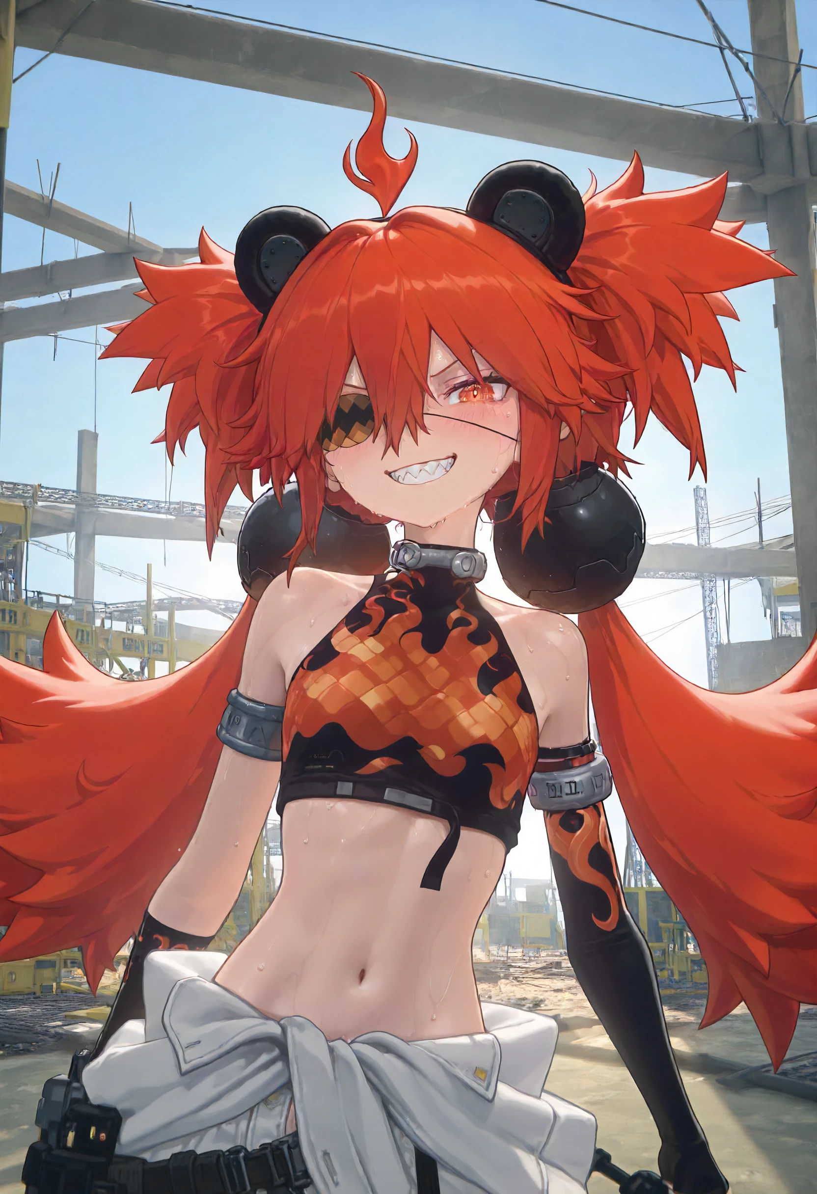 masterpiece, best quality, amazing quality, very aesthetic, absurdres, newest, scenery, volumetric lighting, perfect eyes, ultra detailed,
1girl, Koleda Belobog, solo, red hair, messy hair, red eye, black pupil, twintails, ahoge, fake bear ears, eyepatch, hair ornaments, 
collar, crop top, armbands, one sleeve, fingerless gloves, shoulder cut, midriff, navel, jacket tied around waist, construction pants, white pants,belts, gadgets on hip,
standing, looking at viewer, grin, sharp teeth, blushing, sweating, closeup, 
outdoors, construction site, beams, detailed background, backlighting,
<lora:Koleda_Belobog_-_Zenless_Zone_Zero_ZZZ__Illustrious:1>
masterpiece, best quality, amazing quality, very aesthetic, absurdres, newest, scenery, volumetric lighting, perfect eyes, ultra detailed,