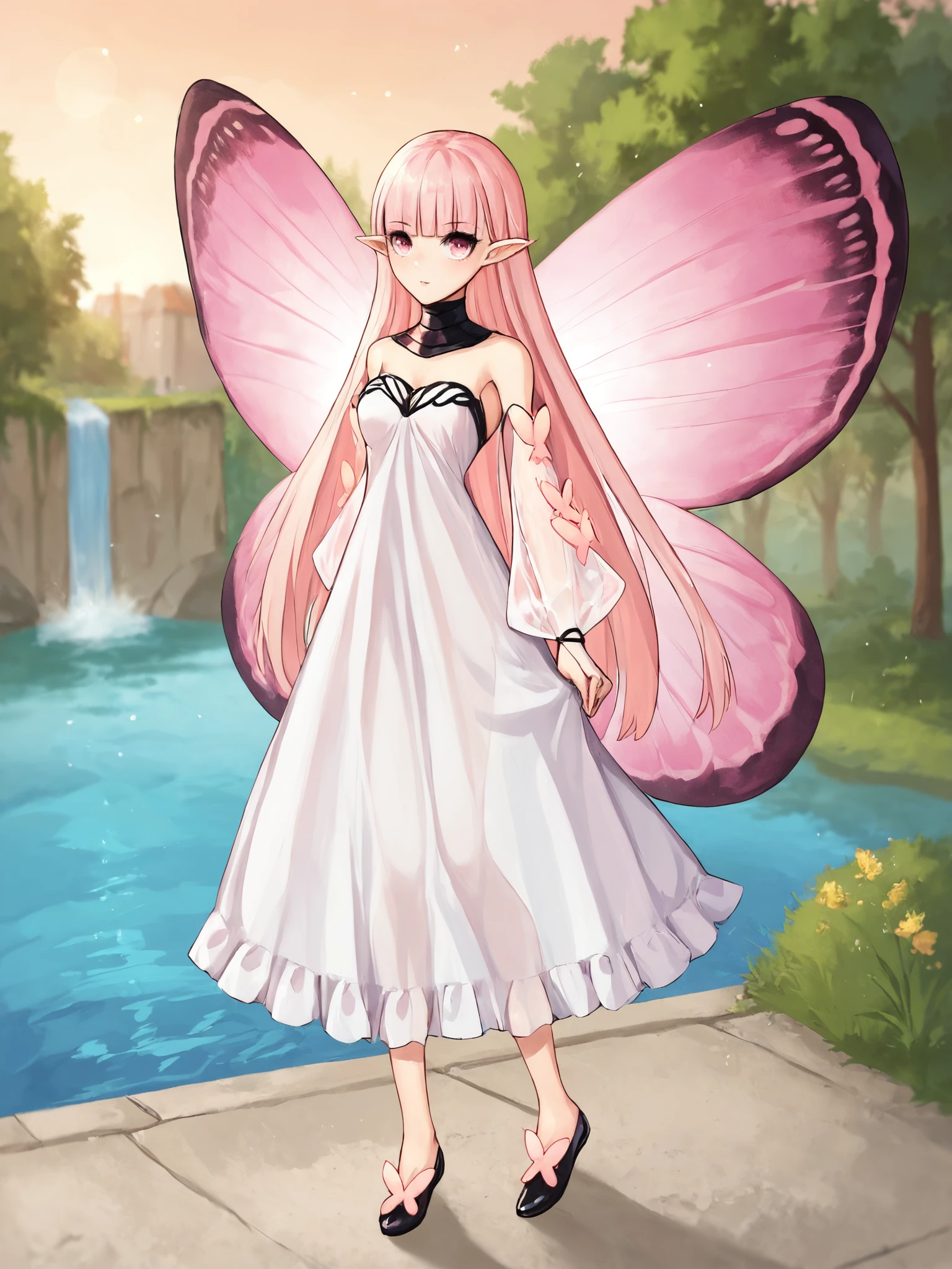 score_9, score_8_up, score_7_up, BREAK,
1girl, solo, BREAK,
coralfategrandorder, fairy, pink eyes, pointy ears, long hair, pink hair, blunt bangs, white dress, detached sleeves, bare shoulders, puffy sleeves, butterfly ornament, see-through sleeves, medium breasts, butterfly wings, fairy wings, insect wings, pink wings,  shoes, black footwear, <lora:Coral:0.7>, BREAK,
full body, standing, arms at sides, outdoors, town, fountains in river, orange sky