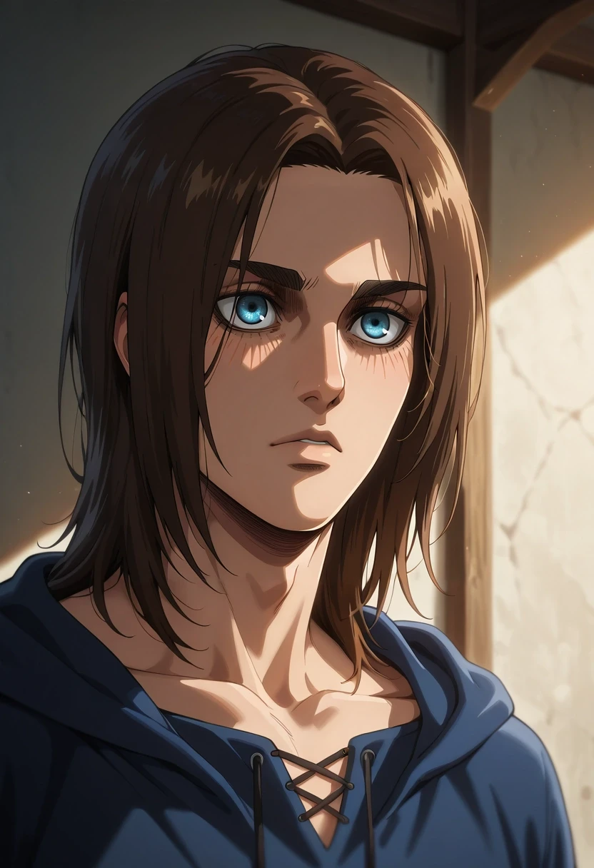 masterpiece, best quality, , semi-realistic, , , 1boy, solo, male focus, <lora:eren_yeager_ilxl:0.98>, eren_yeager_s4, brown hair, blue eyes, medium hair, ,