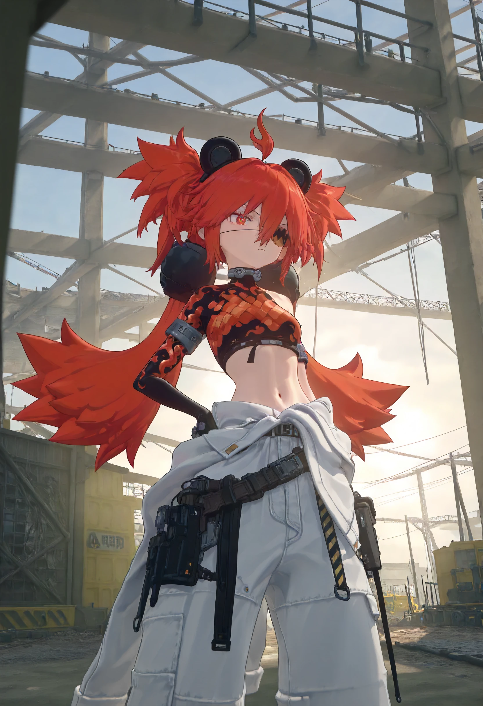 masterpiece, best quality, amazing quality, very aesthetic, absurdres, newest, scenery, volumetric lighting, perfect eyes, ultra detailed,
1girl, Koleda Belobog, solo, red hair, messy hair, red eye, black pupil, twintails, ahoge, fake bear ears, eyepatch, hair ornaments, 
collar, crop top, armbands, one sleeve, gloves, shoulder cut, midriff, navel, jacket tied around waist, construction pants, white pants, red boots,belts, gadgets on hip,
outdoors, construction site, beams, detailed background, backlighting,
<lora:Koleda_Belobog_-_Zenless_Zone_Zero_ZZZ__Illustrious:1>
masterpiece, best quality, amazing quality, very aesthetic, absurdres, newest, scenery, volumetric lighting, perfect eyes, ultra detailed,