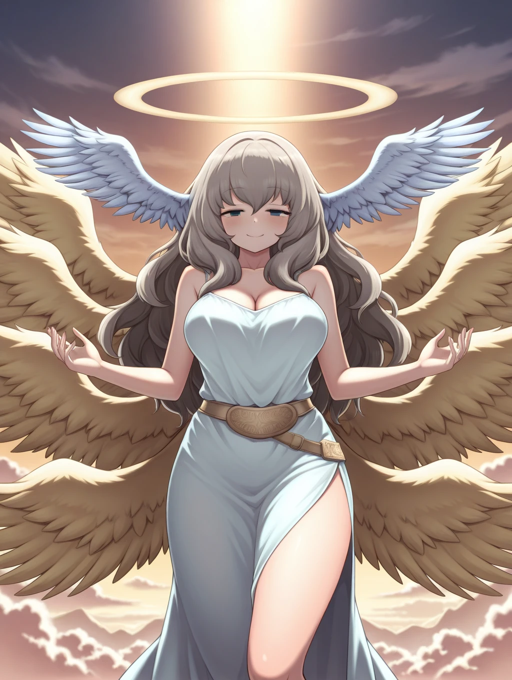 1girl, solo, Eden, brown hair, grey hair, long hair, head wings, blue eyes, wings, angel wings, feathered wings, angel, multiple wings, halo, cleavage, dress, standing, smile, 

heaven, flying, clouds, dynamic pose,

masterpiece, best quality,amazing quality, very aesthetic, absurdres, depth of field, blurry background, dark, extremely detailed face, detailed eyes, dark colors