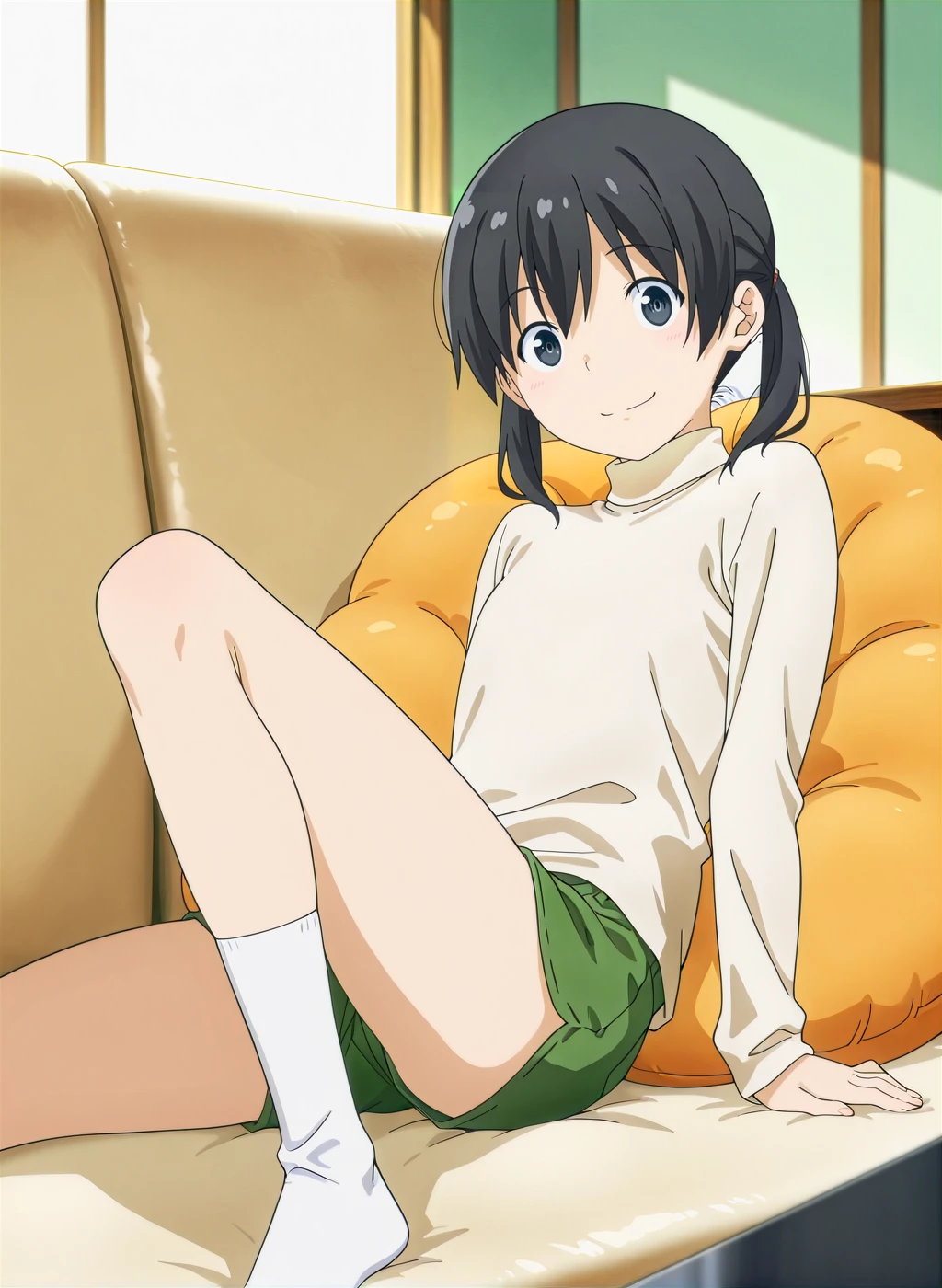 anime,sensitive,uncensored,High quality,Ultra detailed,best quality,insanely detailed,beautiful,masterpiece,perfect lighting BREAK
1girl,solo,<lora:kuramoto_chinatsu_V1_IL:1>,(kuramoto chinatsu, black eyes, black hair, long hair, short twintails, female child),(green shorts, white shirt, turtleneck, long sleeves, white socks),smile,from_side,indoors,cushion,carpet,couch,,looking_at_viewer,