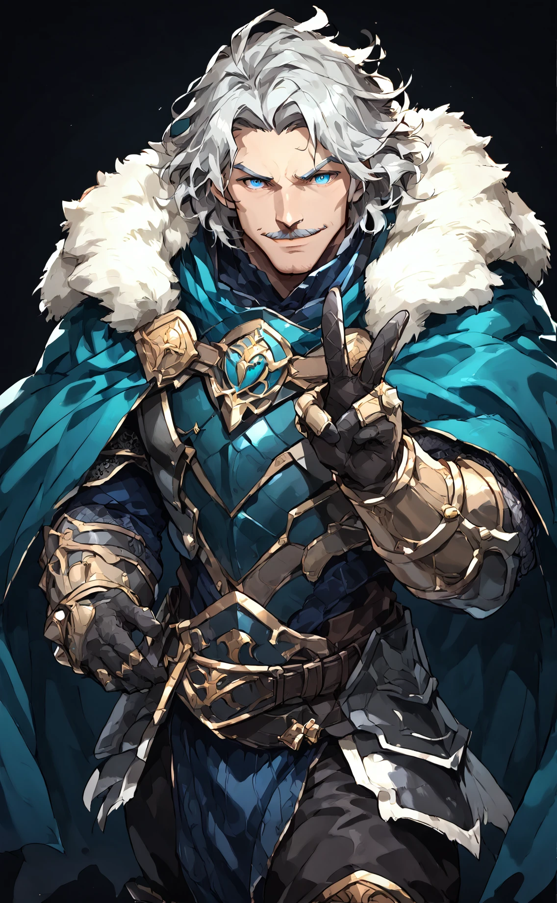 score_9_up, score_8_up, score_7_up, score_6_up, corvus, 1boy, solo, male focus, bara, scalemail armor, smiling, hand up, peace sign, turquoise blue cloak with white fur mantle, ((mature)), steel and gold gauntlets, medium length grey hair, grey mustache, blue eyes, light skin, cloth and scale mail armor skirt, partial portrait, dark fantasy art, grimdark, best_quality, masterpiece, dark cold color scheme, valorant style, dvs, head down, <lora:sxz-valorant-smol-v2-pdxl:0.2> <lora:Concept Art DarkSide Style LoRA_Pony XL v6:0.55> <lora:Corvus_-_Epic_Seven-000004:0.85>