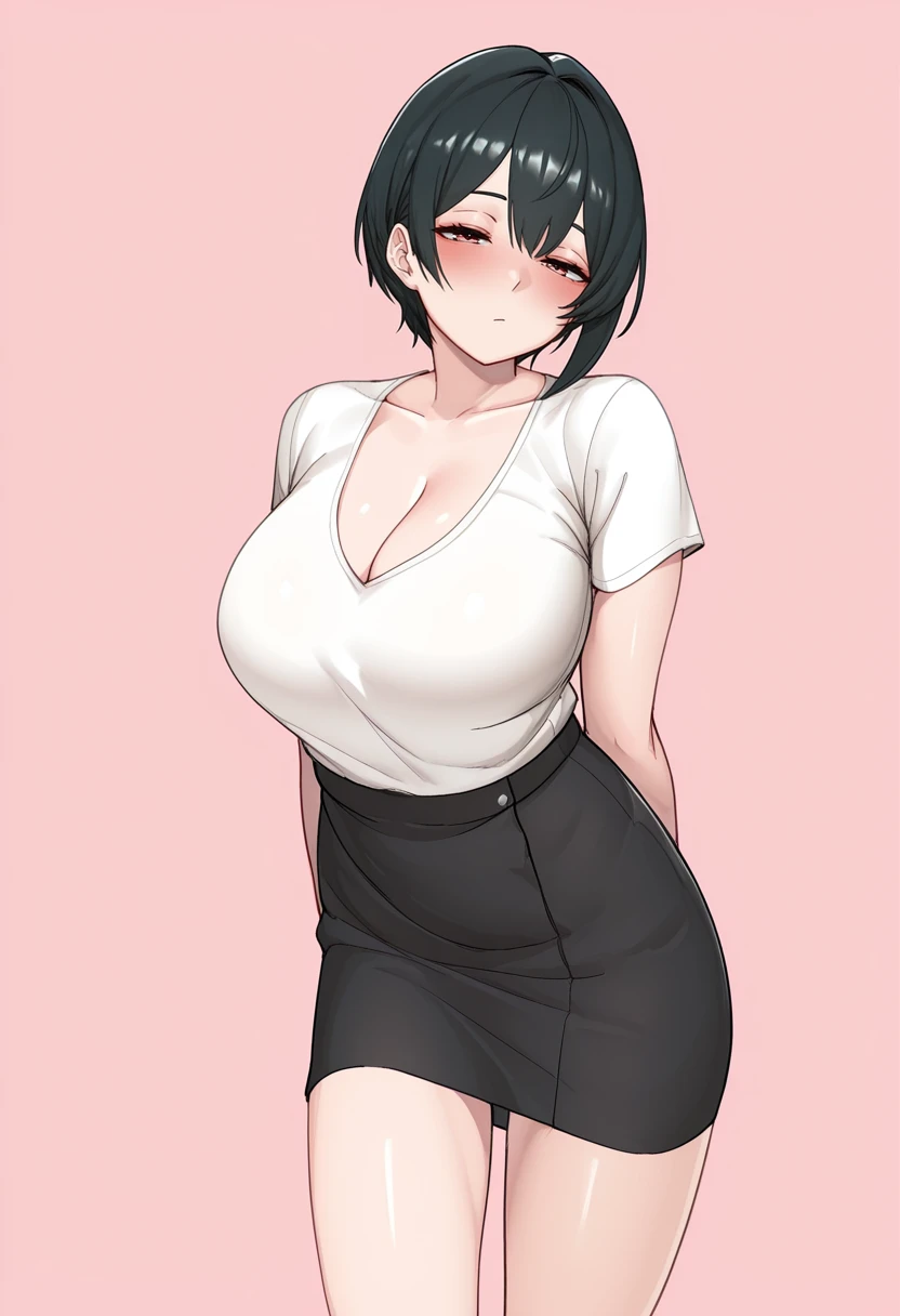 masterpiece, best quality,
1girl, solo,
standing,
looking at viewer, half-closed eyes, blush,
black hair, short hair,
white shirt, short sleeves, cleavage,
black skirt,
pink background, simple background,
 <lora:Kirinkirin_Style:1> K1r1nk1r1n,