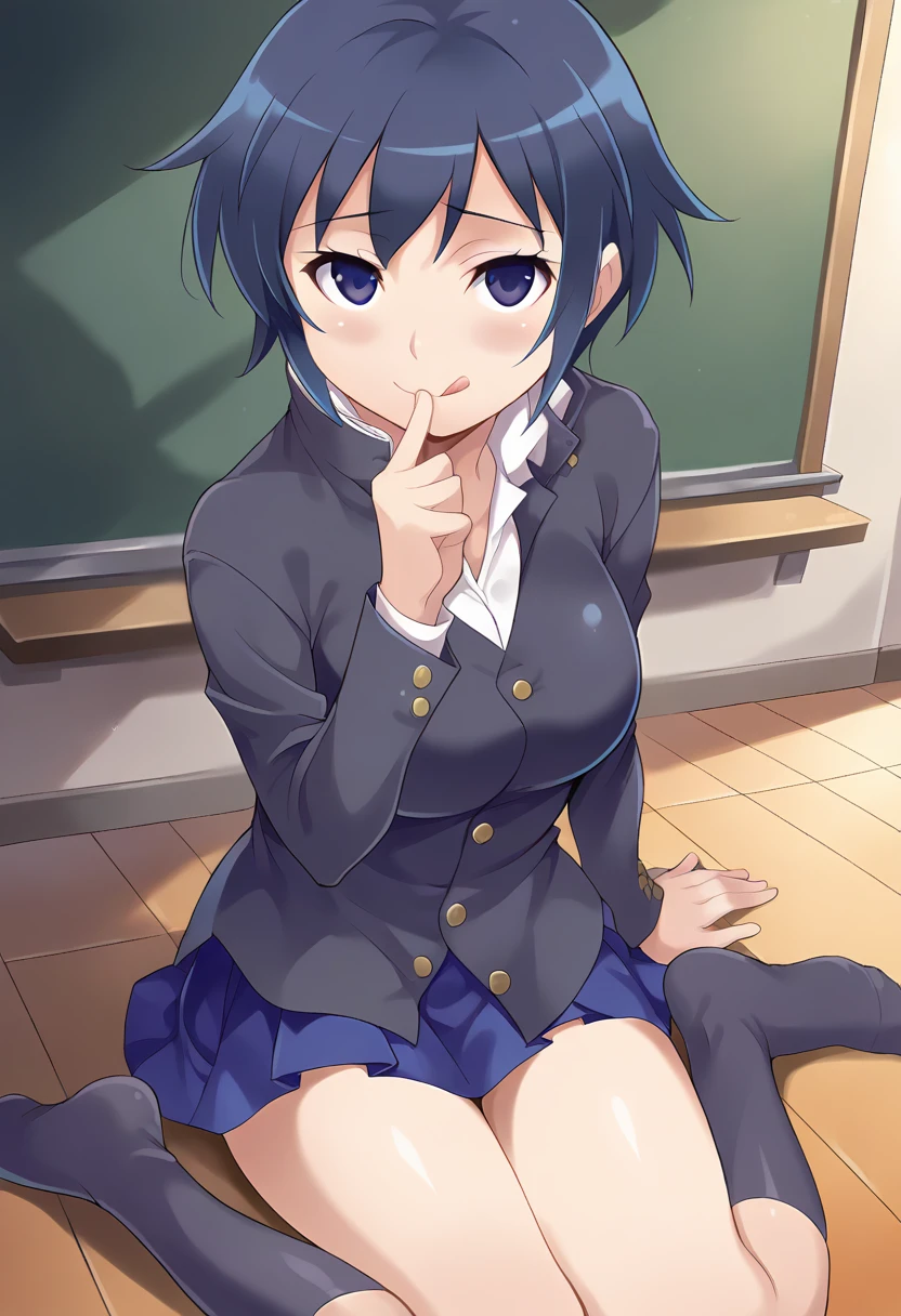 score_9, score_8_up, score_7_up, masterpiece, source_anime, 1girl, ct yu, short hair, blue hair, blue eyes, jacket, long sleeves, white collared shirt, blue short skirt, shiny skin, looking at viewer, indoors, chalkboard, school, blush, smile,  from above, sitting, floor, feet, tongue out, black kneehighs, hand on chin,<lora:Yu_Pony_ct-000006:0.9>