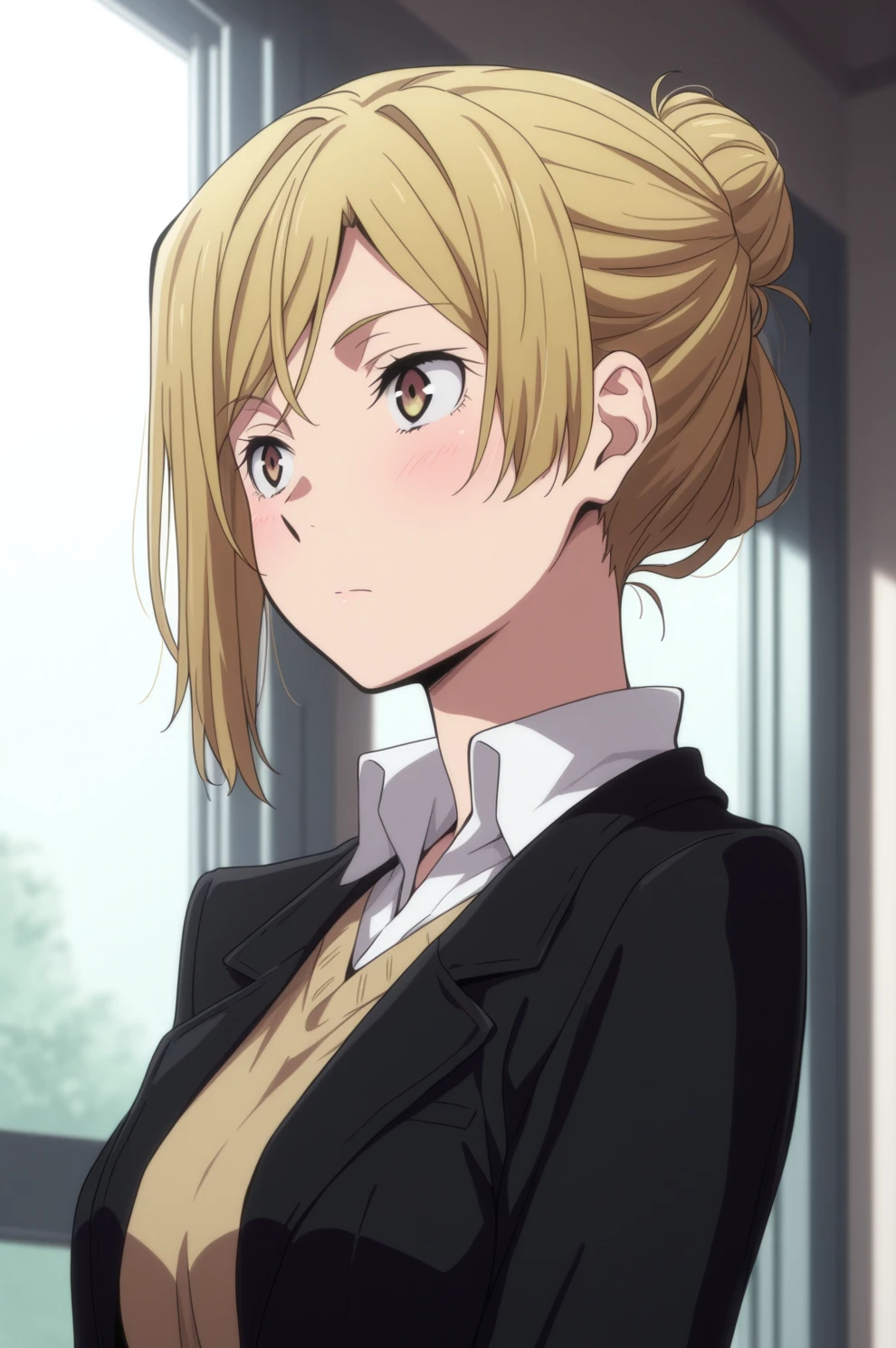 <lora:bsdillust:1>, 1girl, higuchi ichiyou, blonde hair, brown eyes, hair bun, masterpiece, best quality