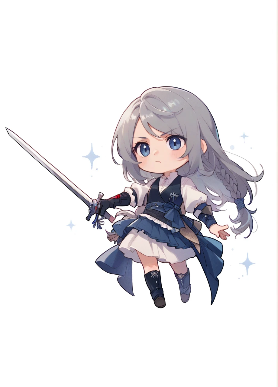 1girl, solo, full body, chibi, white background, xvijill, braid, long hair, ribbon, grey hair, holding sword, single glove, dress, vest, sash, white shirt  <lora:FF_JillWarrick-PONY:0.8>, score_9, score_8_up, score_7_up, score_6_up,