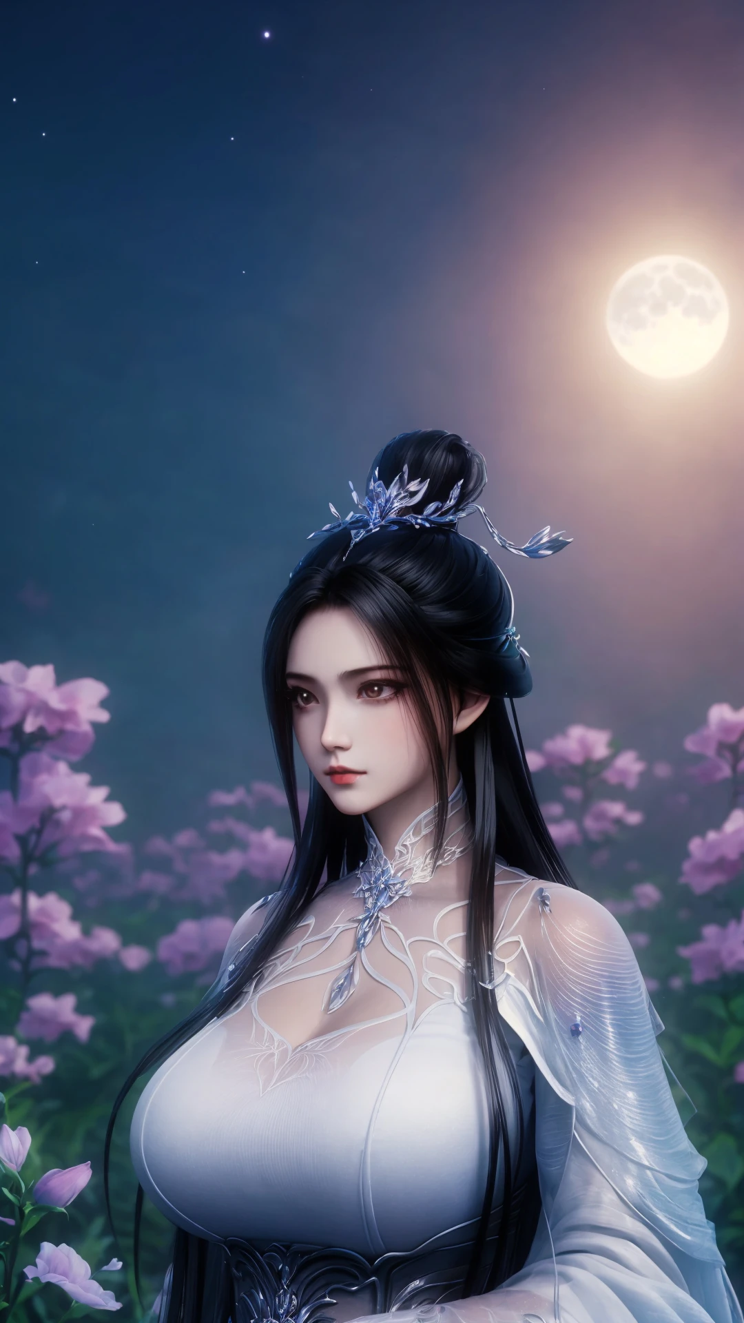 1girl,solo,l long hair,l hair bun,l hair ornament,closed mouth,(gigantic breasts),l hanfu,outdoors,(night),flower field,moonlight,fantasy style,upper body,depth of field,Highly detailed,(ultra-detailed),(best quality:1.5,masterpiece:1.5),(SFW:1.5),<lora:luxueqi-000012:0.85>,<lora:ç»èè°æ´2.0:0>,