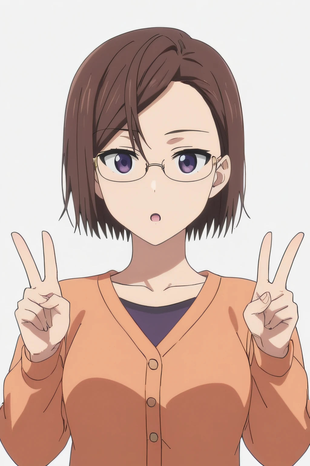 score_9, score_8_up, score_7_up, source_anime, rating_safe, intricate details, anime screencap, official style, 1girl, solo,  <lora:Haruko_Sakurai:1>, harukosakurai, short hair, brown hair, forehead, expressionless, glasses, dark purple eyes, medium breasts, collarbone, light orange cardigan, looking at viewer, simple background, five fingers, upper body, hands up, peace sign, open mouth, surprised