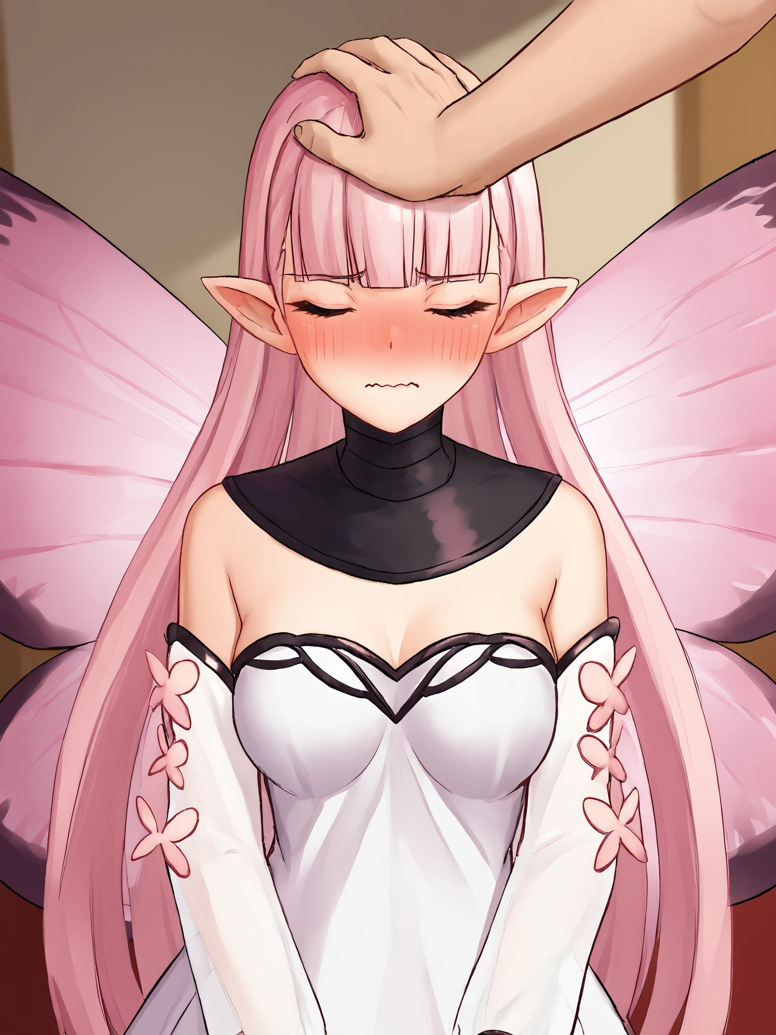 score_9, score_8_up, score_7_up, BREAK,
1girl, solo focus, BREAK,
coralfategrandorder, fairy, pink eyes, pointy ears, long hair, pink hair, blunt bangs, white dress, detached sleeves, bare shoulders, puffy sleeves, butterfly ornament, see-through sleeves, medium breasts, butterfly wings, fairy wings, insect wings, pink wings, <lora:Coral:0.7>, BREAK,
portrait, full-face blush, embarrassed, closed eyes, wavy mouth, BREAK,
looking at viewer, facing viewer, straight-on, BREAK,
1boy, clothed female nude male, pov hands, headpat, <lora:Headpat_XLPD:1>, BREAK,
from above, indoors, office