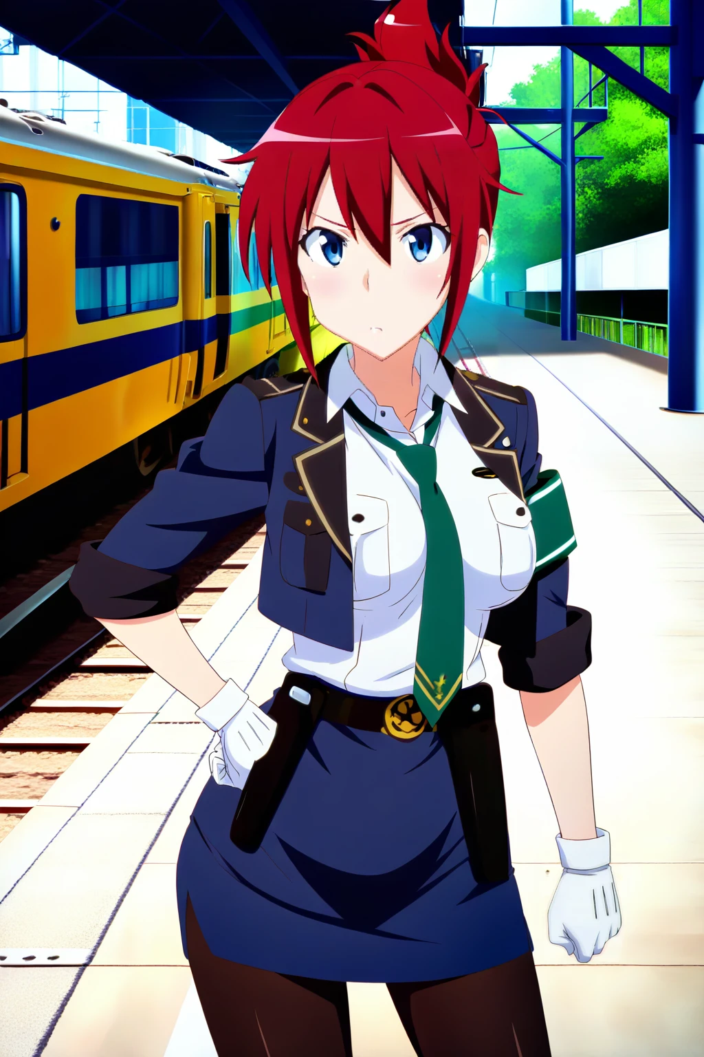 anime screenshot, rail wars!, sakurai aoi, 1girl, solo, red hair, folded ponytail, blue eyes, medium breasts, police uniform, blue jacket, open jacket, white shirt, collared shirt, sleeves rolled up, green necktie, armband, green armband, blue skirt, pencil skirt, black belt, white gloves, holster, black pantyhose, looking at viewer, cowboy shot, hand on own hip, outdoors, train station, masterpiece, best quality, high quality, highres, absurdres, <lora:sakurai_aoi_ILXL:0.9>