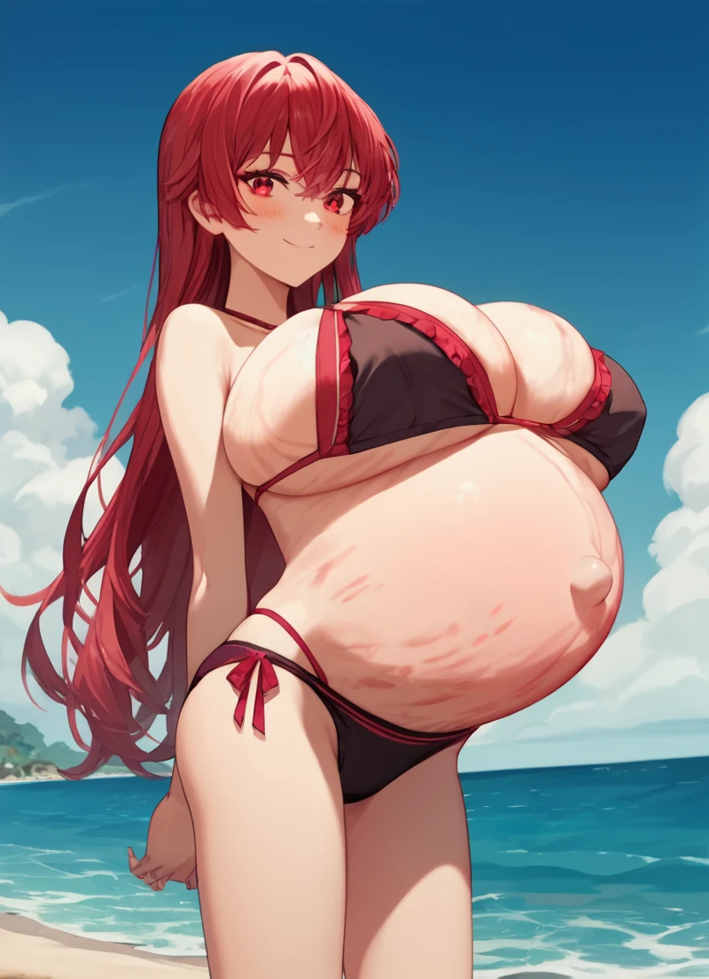 art by kipteitei, 1girl, massive hanging round jiggly belly, massive round juicy , massive thighs, , black hair, tanned skin, white string , at the beach, chubby (best quality, masterpiece)