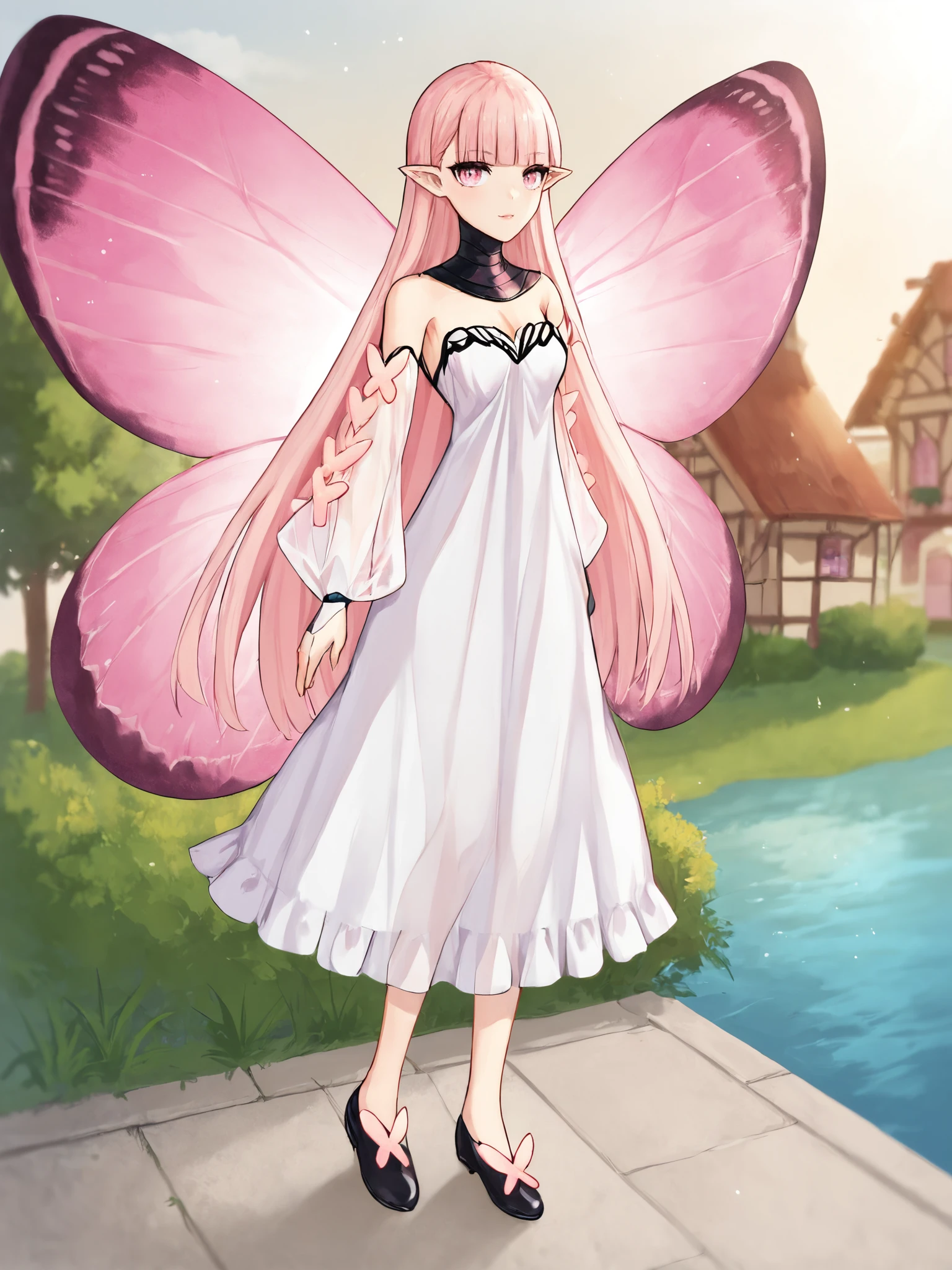 score_9, score_8_up, score_7_up, BREAK,
1girl, solo, BREAK,
coralfategrandorder, fairy, pink eyes, pointy ears, long hair, pink hair, blunt bangs, white dress, detached sleeves, bare shoulders, puffy sleeves, butterfly ornament, see-through sleeves, medium breasts, butterfly wings, fairy wings, insect wings, pink wings,  shoes, black footwear, <lora:Coral:0.7>, BREAK,
full body, standing, arms at sides, BREAK,
outdoors, town, houses, river, fountain, BREAK,
orange sky, purple sky, sunset