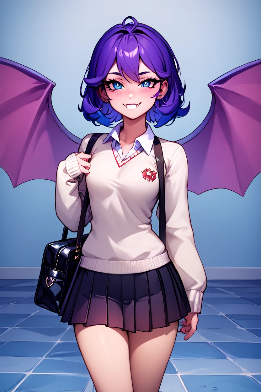 score_9, score_8_up, score_8,  ,,, , ,,, zzGolbat, no humans, fangs, wings, <lora:GolbatPokedexPDXL:1.0>,     ,,,, BREAK, closed mouth, alternate costume, smile, looking at viewer, collared shirt, blush, sweater, black skirt, eyelashes, long sleeves, sleeves past wrists, plaid skirt, shoulder bag, black bag, blurry, tile floor, pleated skirt, white shirt, cowboy shot, ,,, embedding:zPDXL, Expressiveh, ,,, <lora:Vivid:0.7>, <lora:LFashionPDXL:1>, <lora:Uncensored_PonyXL_cpt_v02.09:0.4>, <lora:Expressive_H-000001:0.4>,