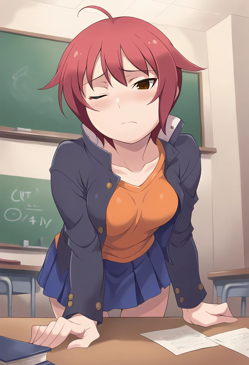 score_9, score_8_up, score_7_up, masterpiece, source_anime, 1girl, ct ak1ra, pink hair, short hair, brown eyes, ahoge, collarbone, jacket, long sleeves, orange shirt, blue short skirt, looking at viewer, indoors, chalkboard, desk, blush, from below, leaning forward, one eye closed, <lora:Akira_K_ver3_Pony_ct:0.9>